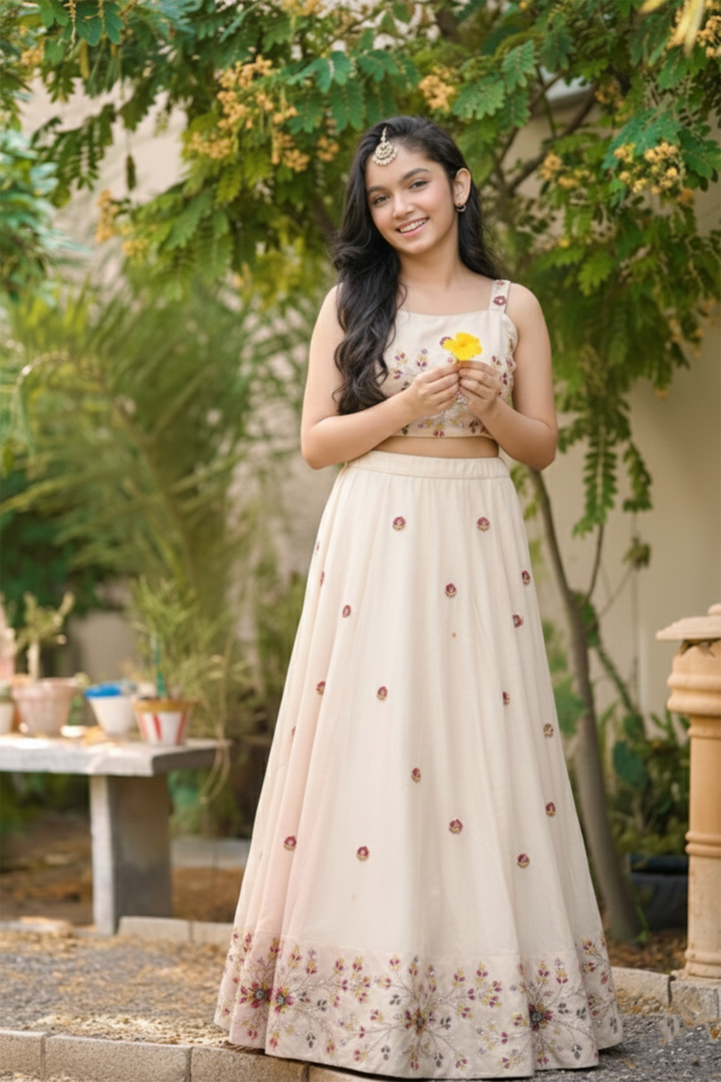 White bloom embroidered lehenga set