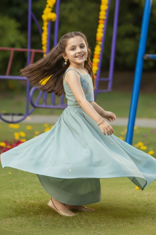 Mint swan embroidered lehenga set