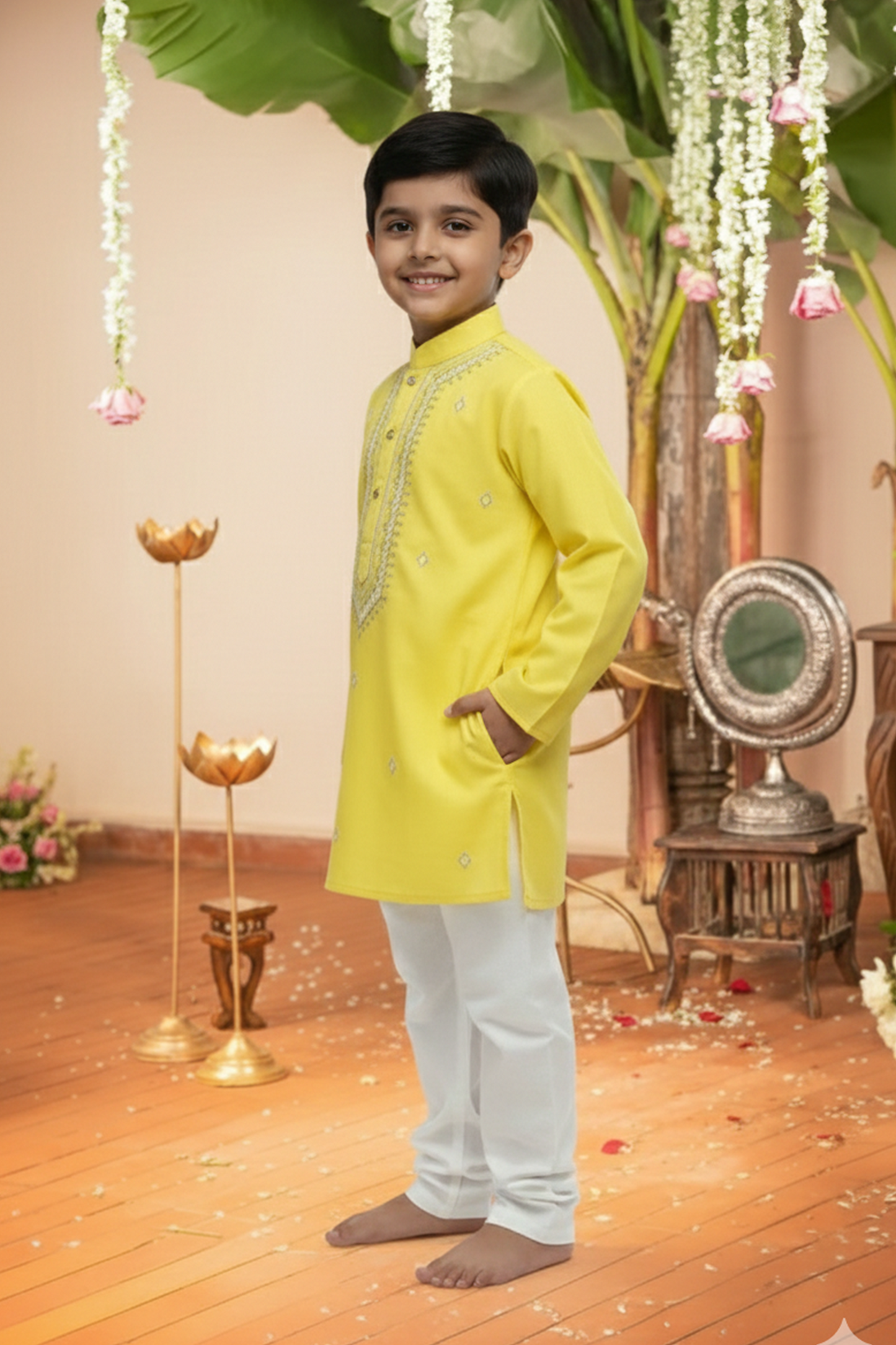 Yellow embroidered kurta and churidar
