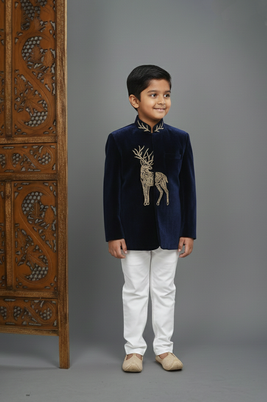 Goose embroidered velvet sherwani and pyjamas