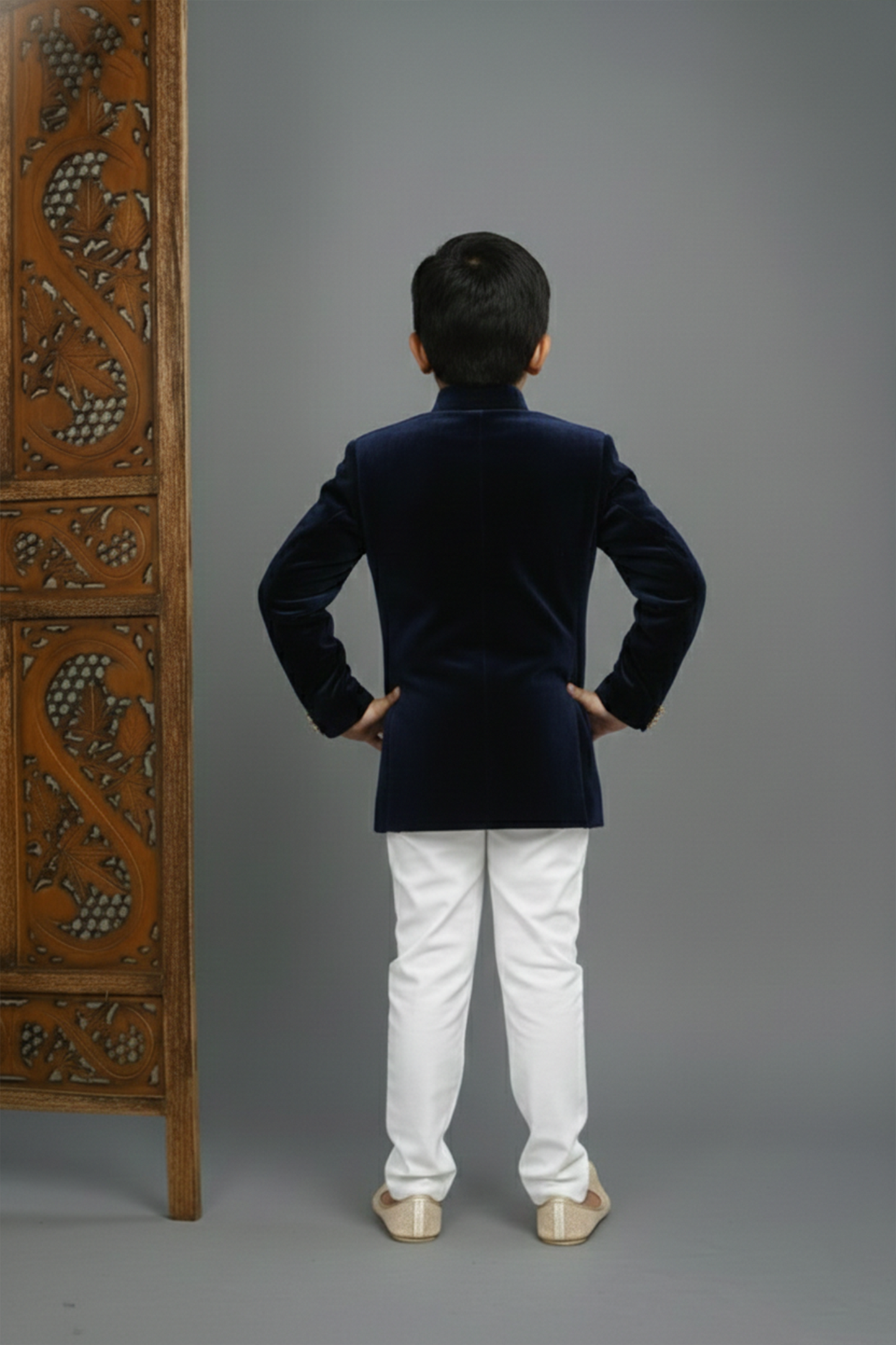 Goose embroidered velvet sherwani and pyjamas