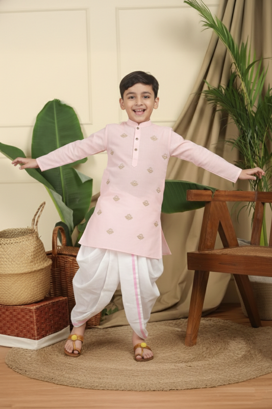 Lotus patched embroidered pink kurta and dhoti