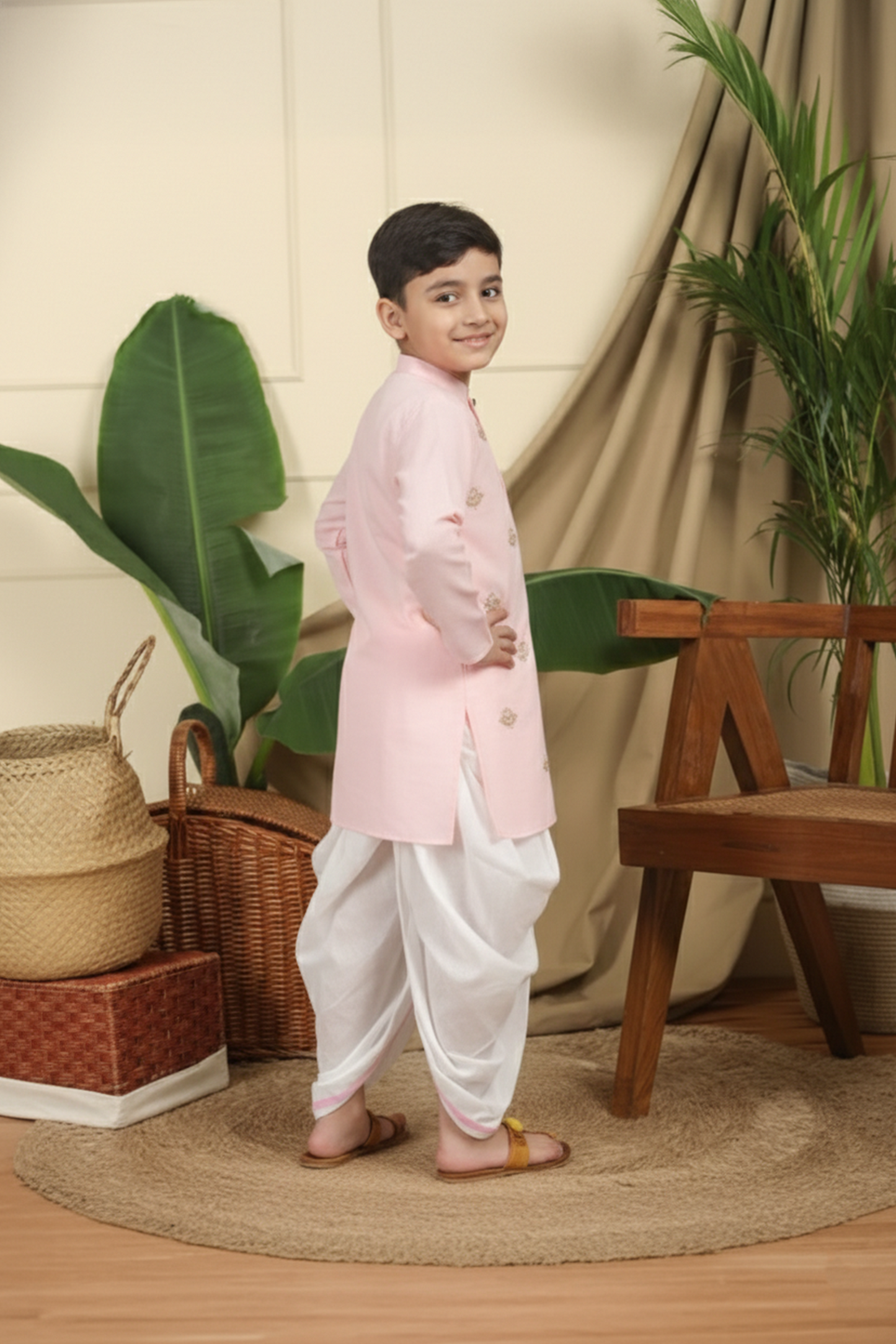 Lotus patched embroidered pink kurta and dhoti