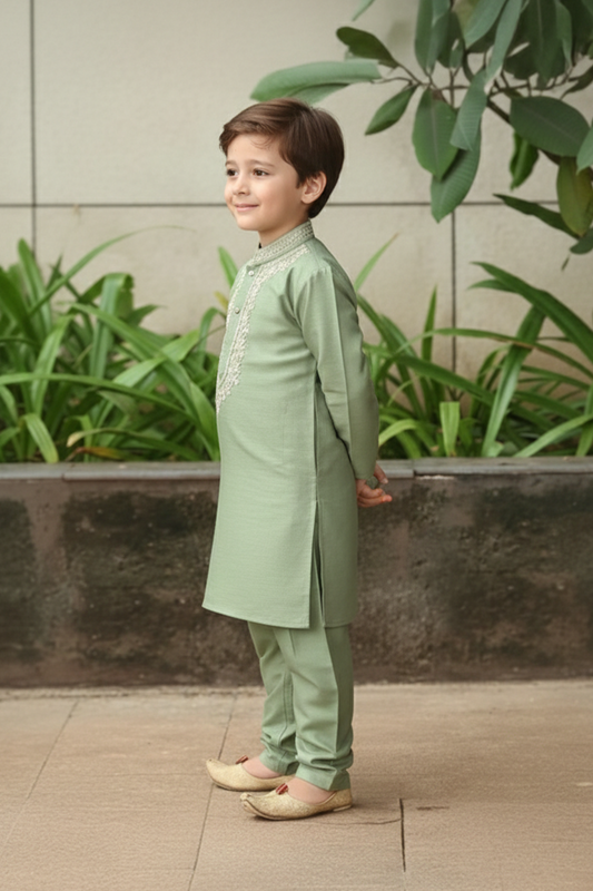 Green embroidered silk kurta with matching silk pyjama