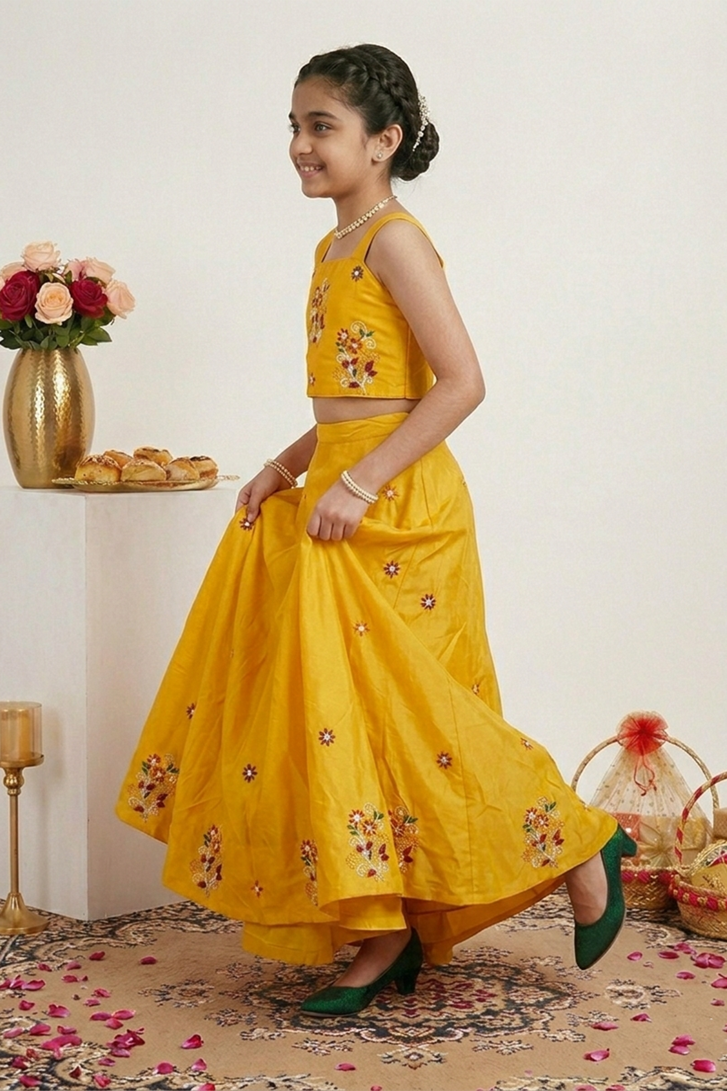 Yellow designer embroidered lehenga set