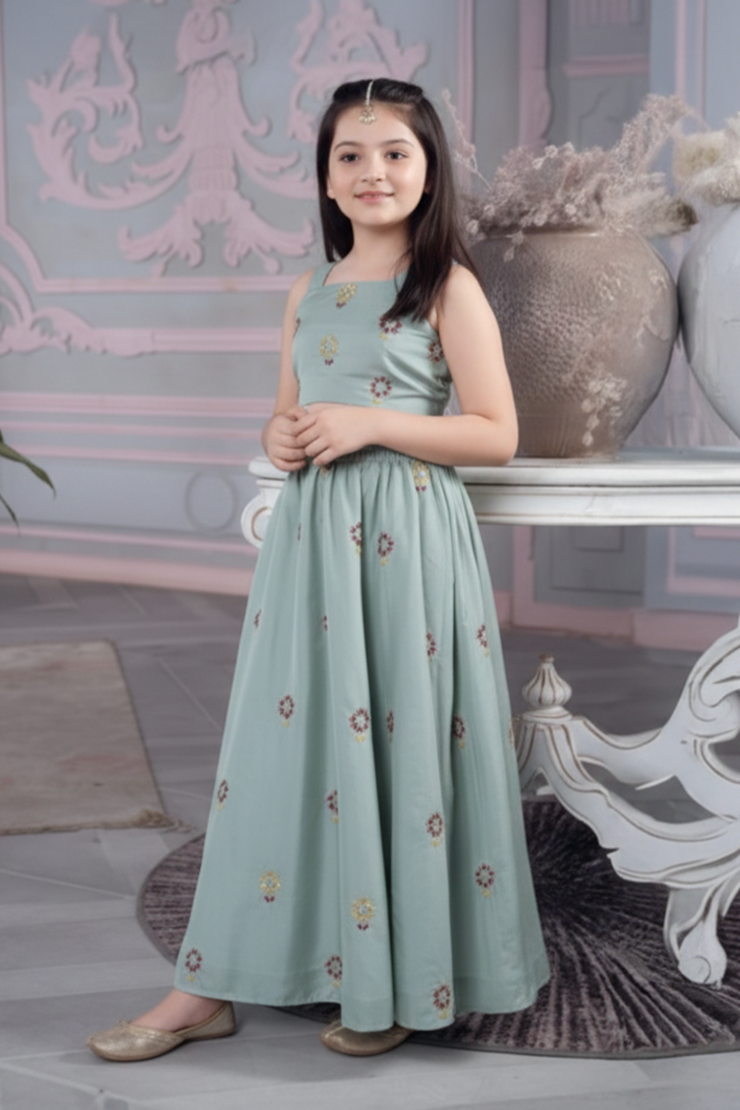 Mint sunflower embroidered lehenga set