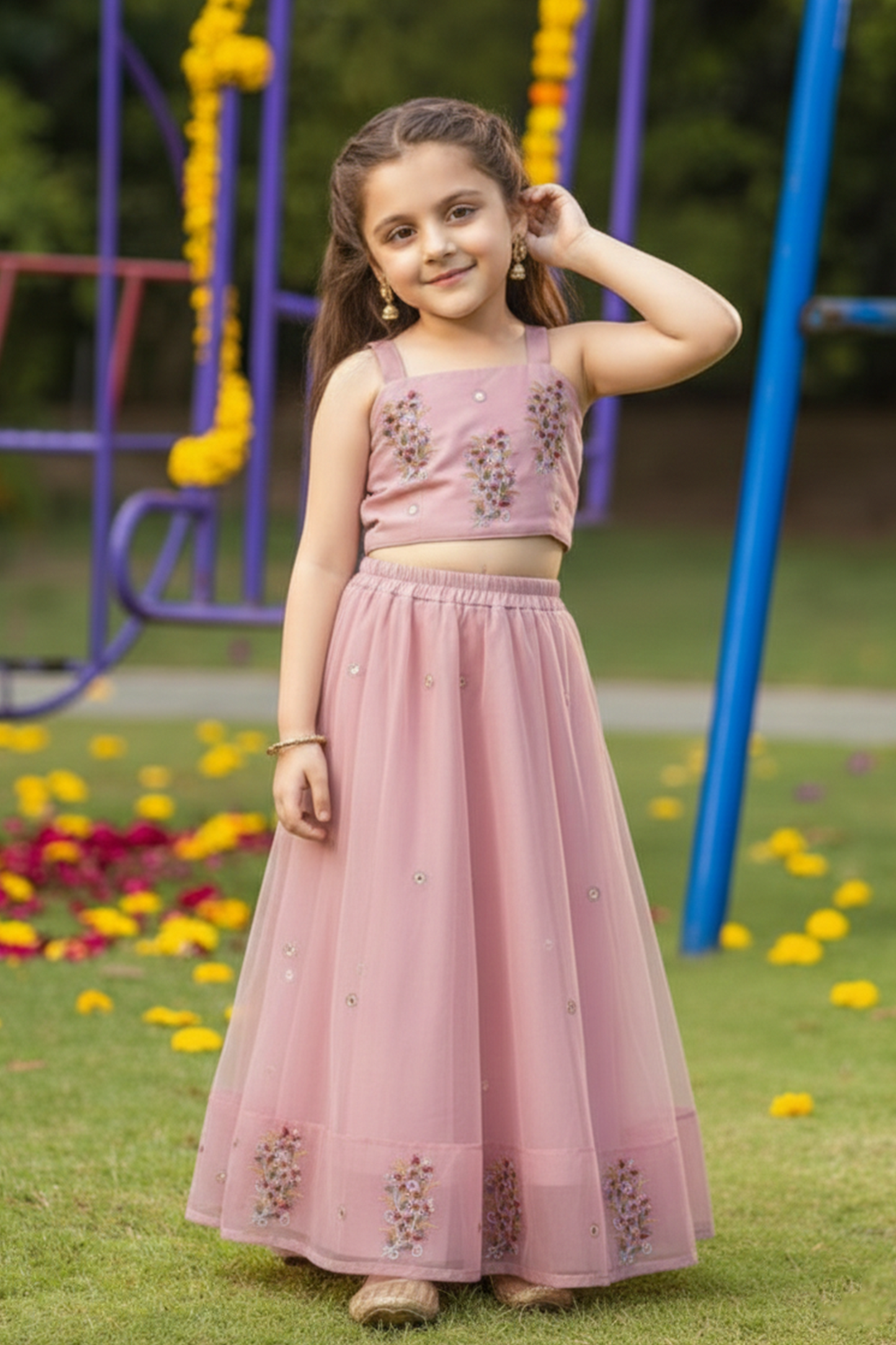 Flower brooch embroidered lehenga set