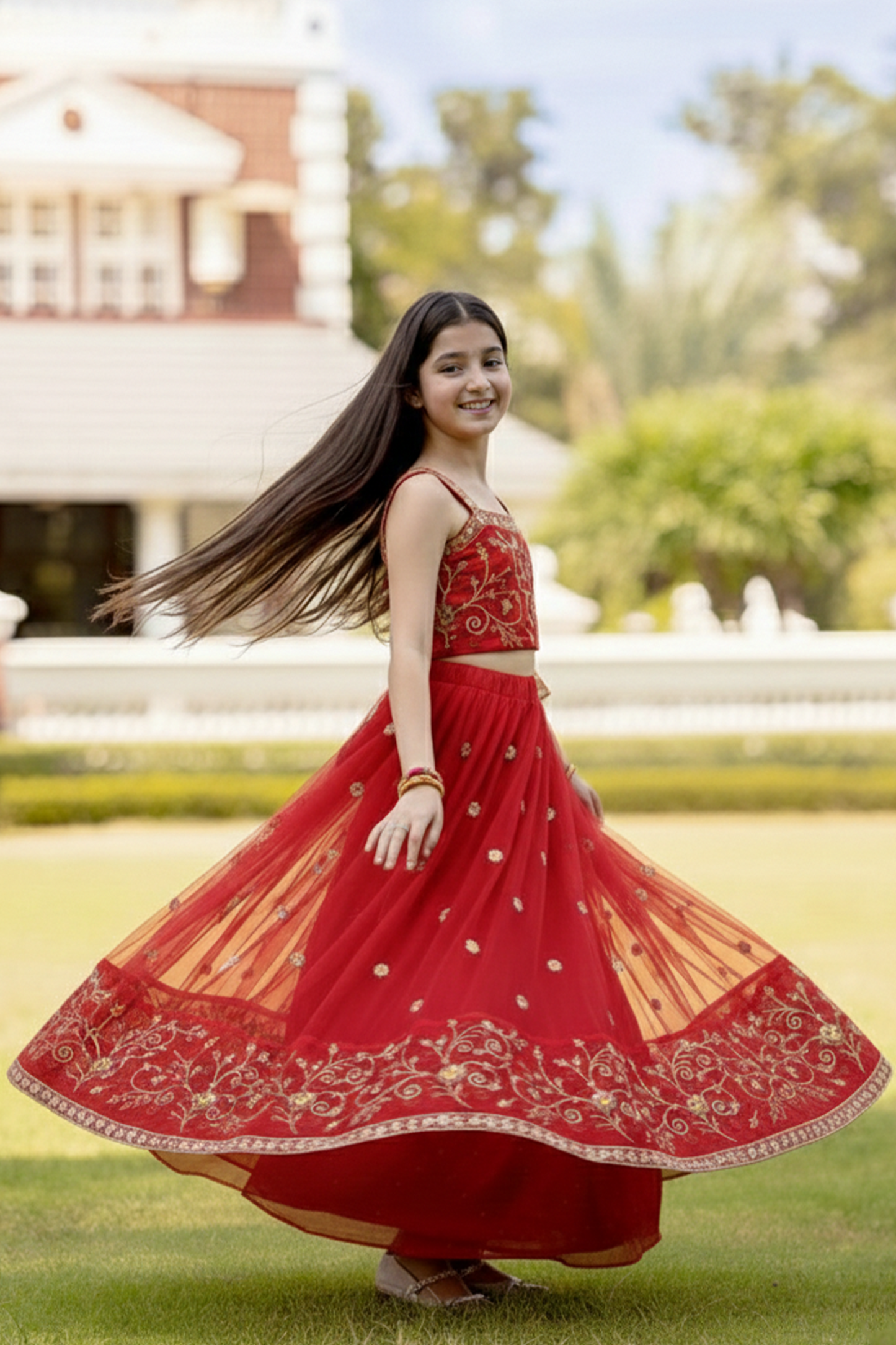 Red fiesta embroidery lehenga set