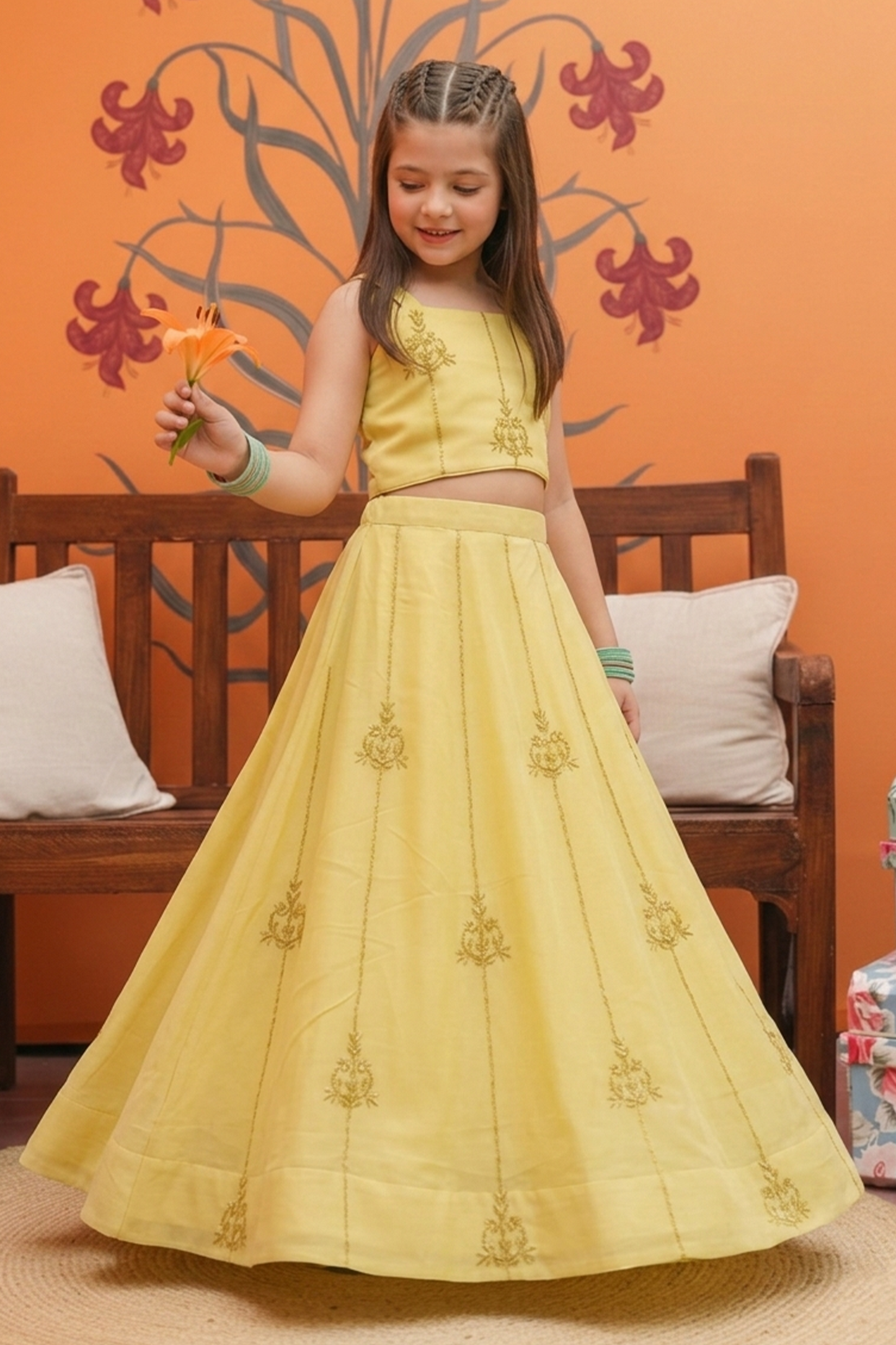 Yellow brooch embroidered lehenga set