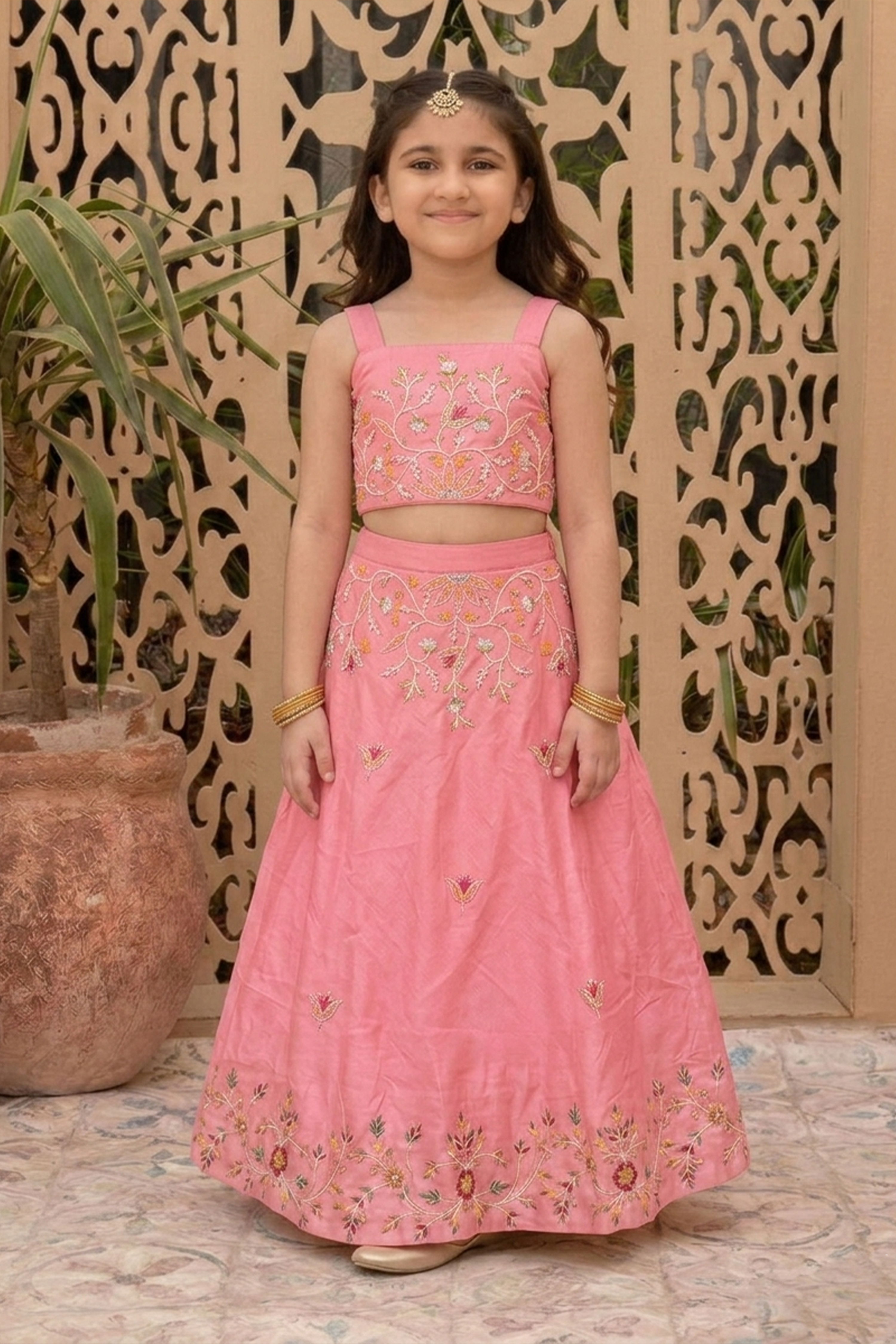 Rose oak embroidery lehenga set