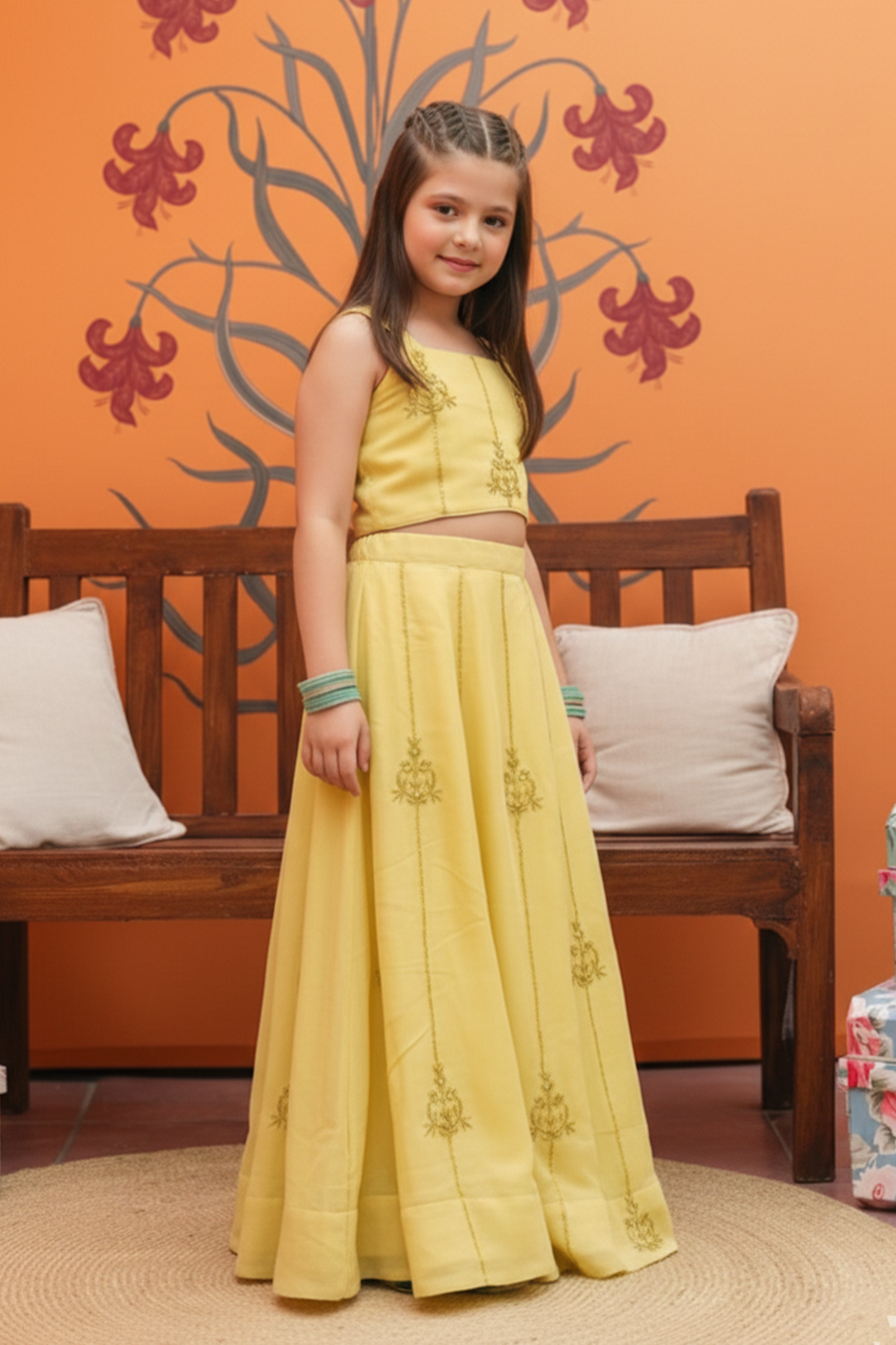 Yellow brooch embroidered lehenga set