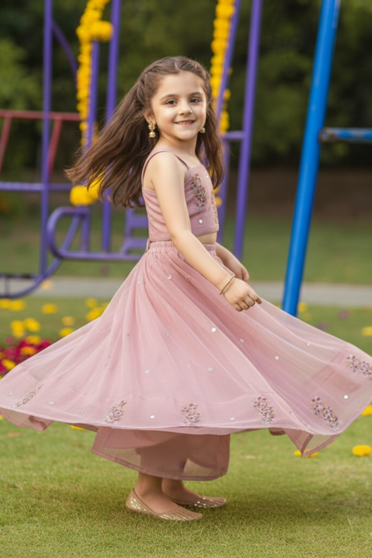 Flower brooch embroidered lehenga set