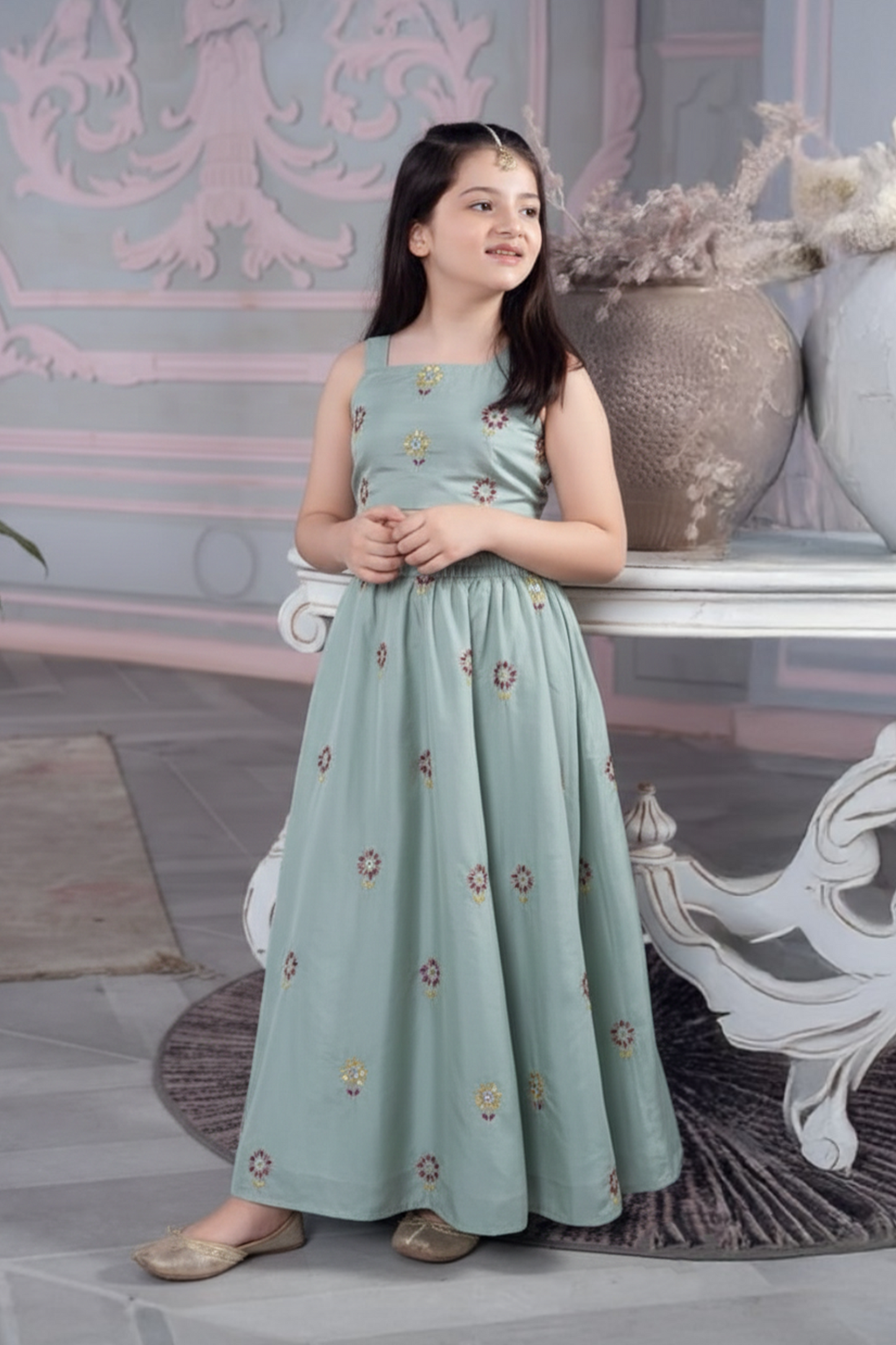 Mint sunflower embroidered lehenga set