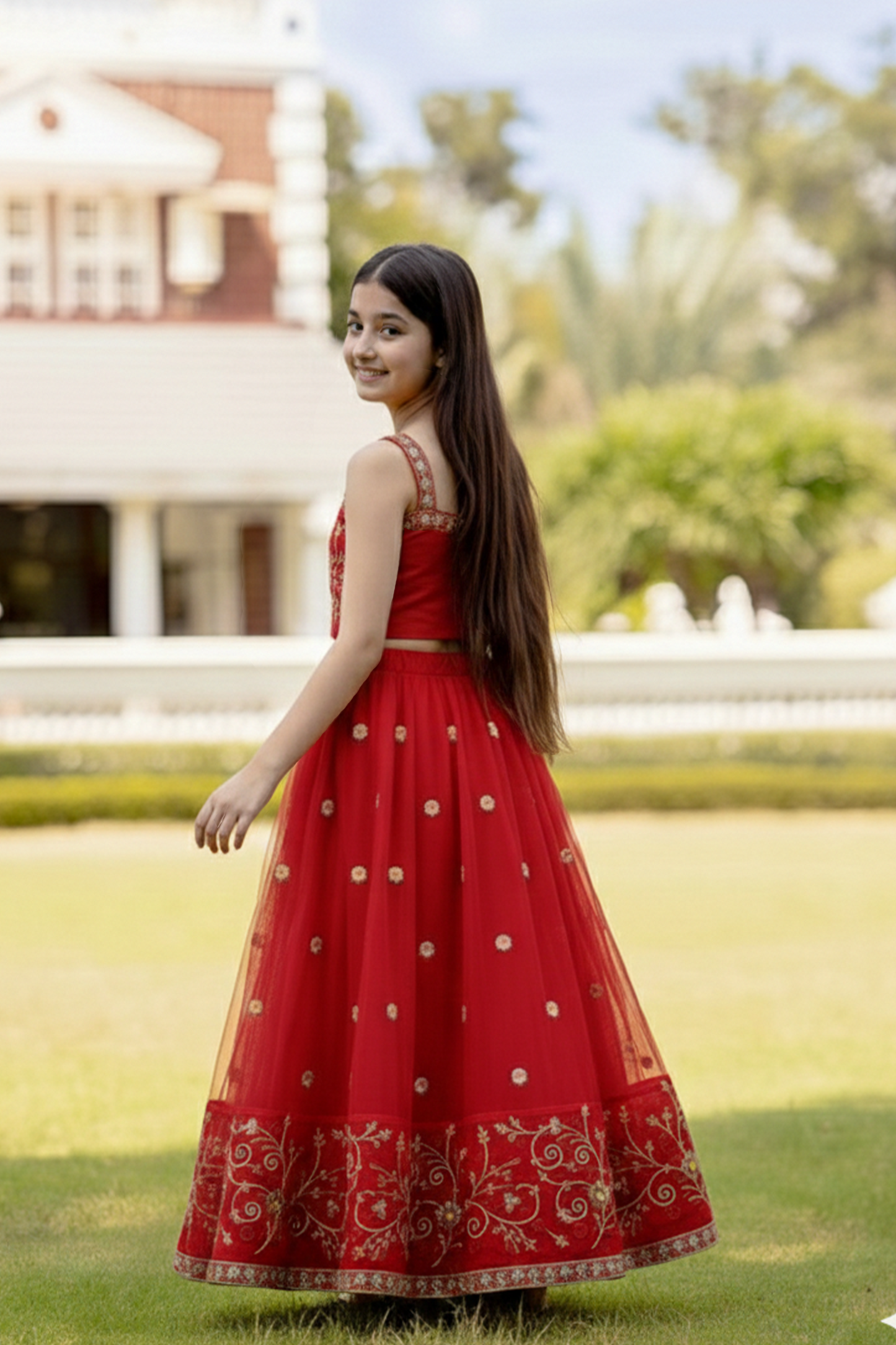 Red fiesta embroidery lehenga set