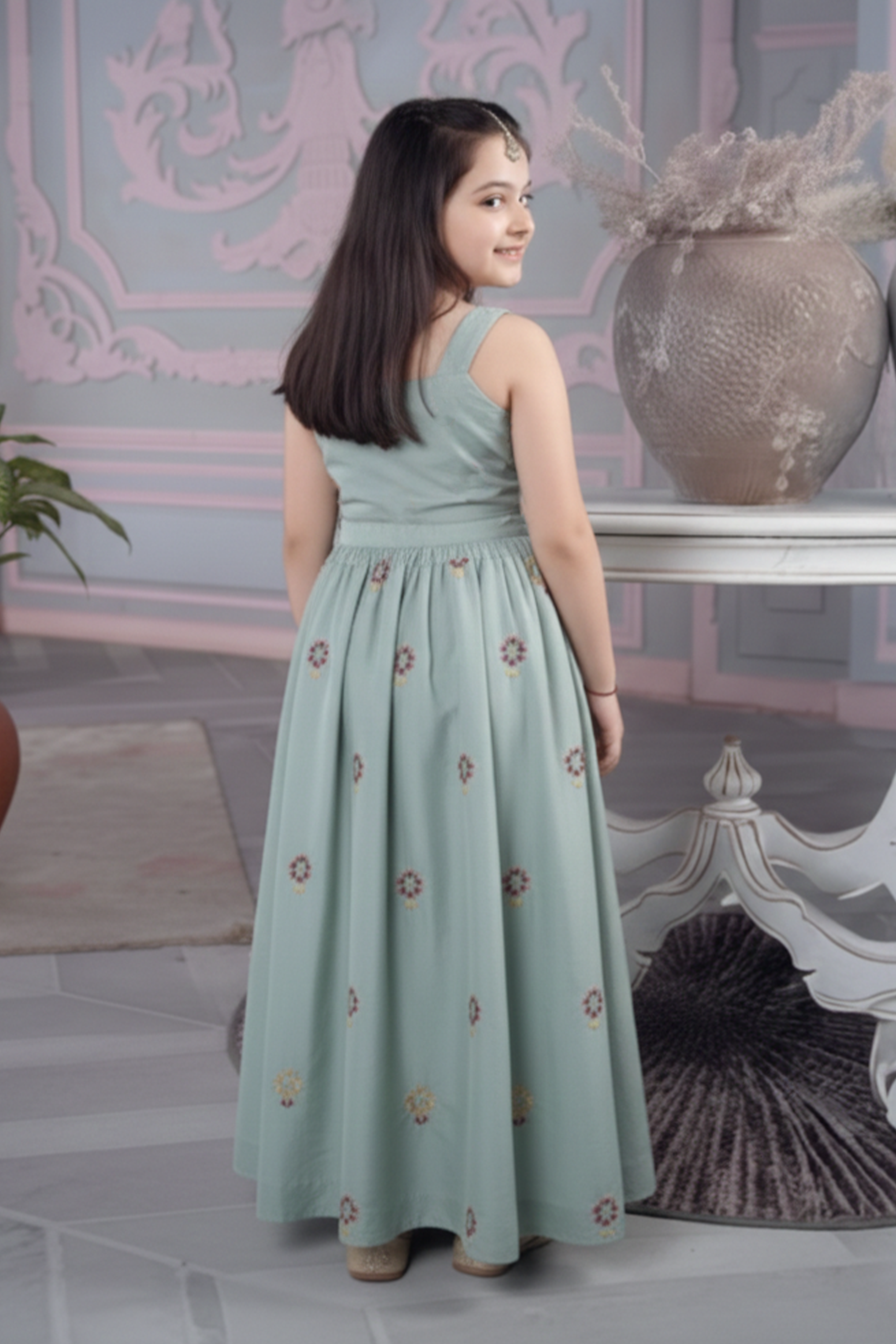 Mint sunflower embroidered lehenga set