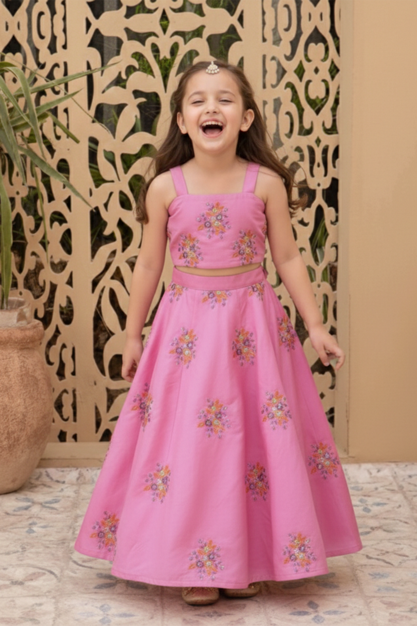 Pink meadow embroidered lehenga set