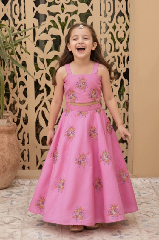 Pink meadow embroidered lehenga set