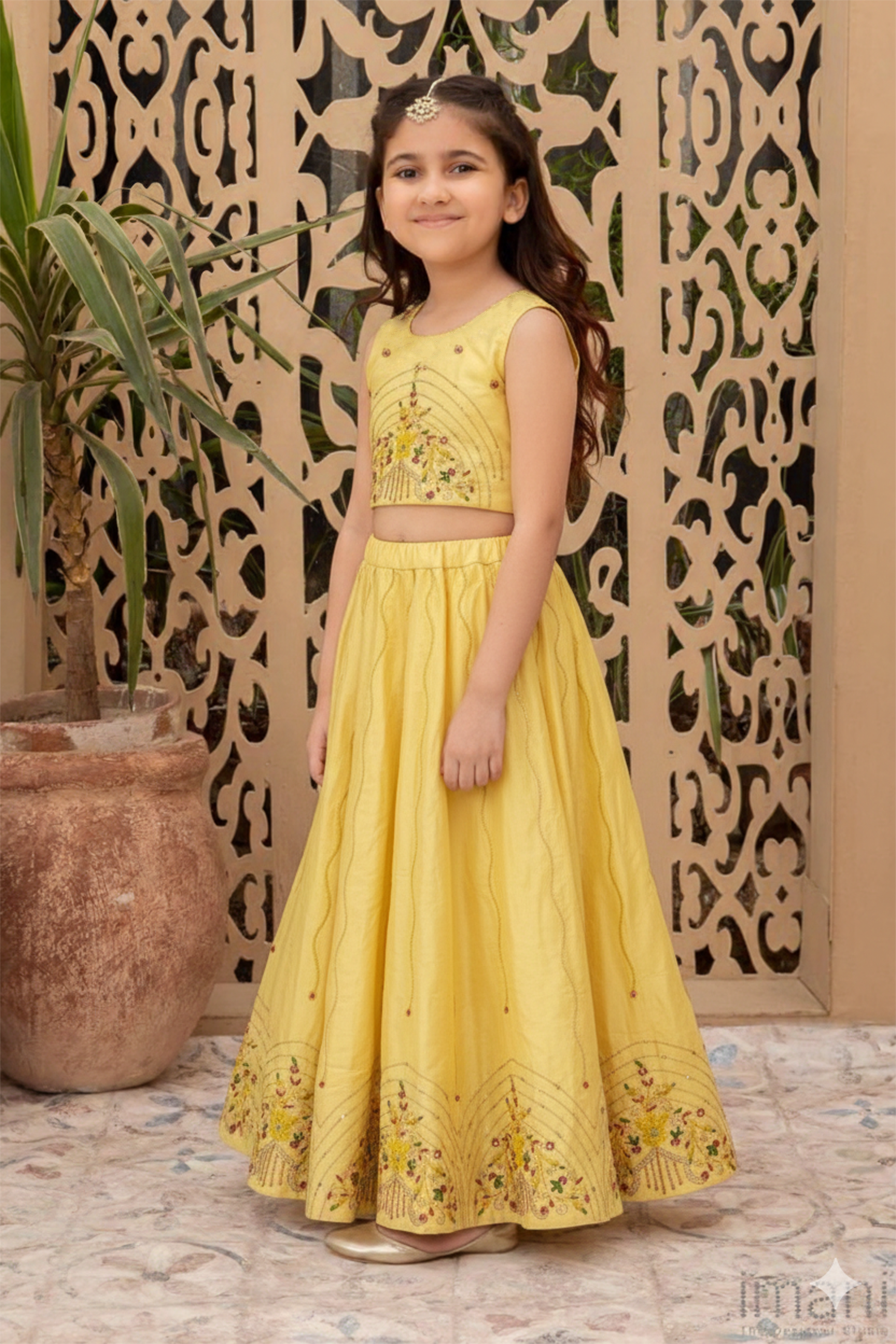 Yellow crest embroidered lehenga set