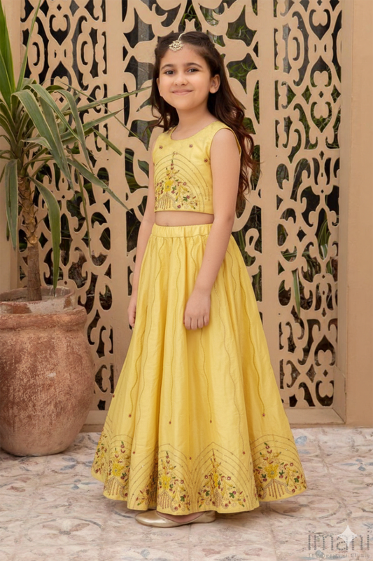 Yellow crest embroidered lehenga set