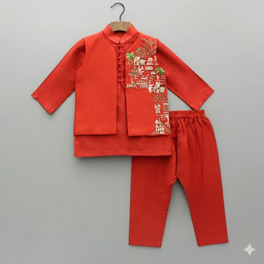 Red kurta embroidered front open jacket and pyjama