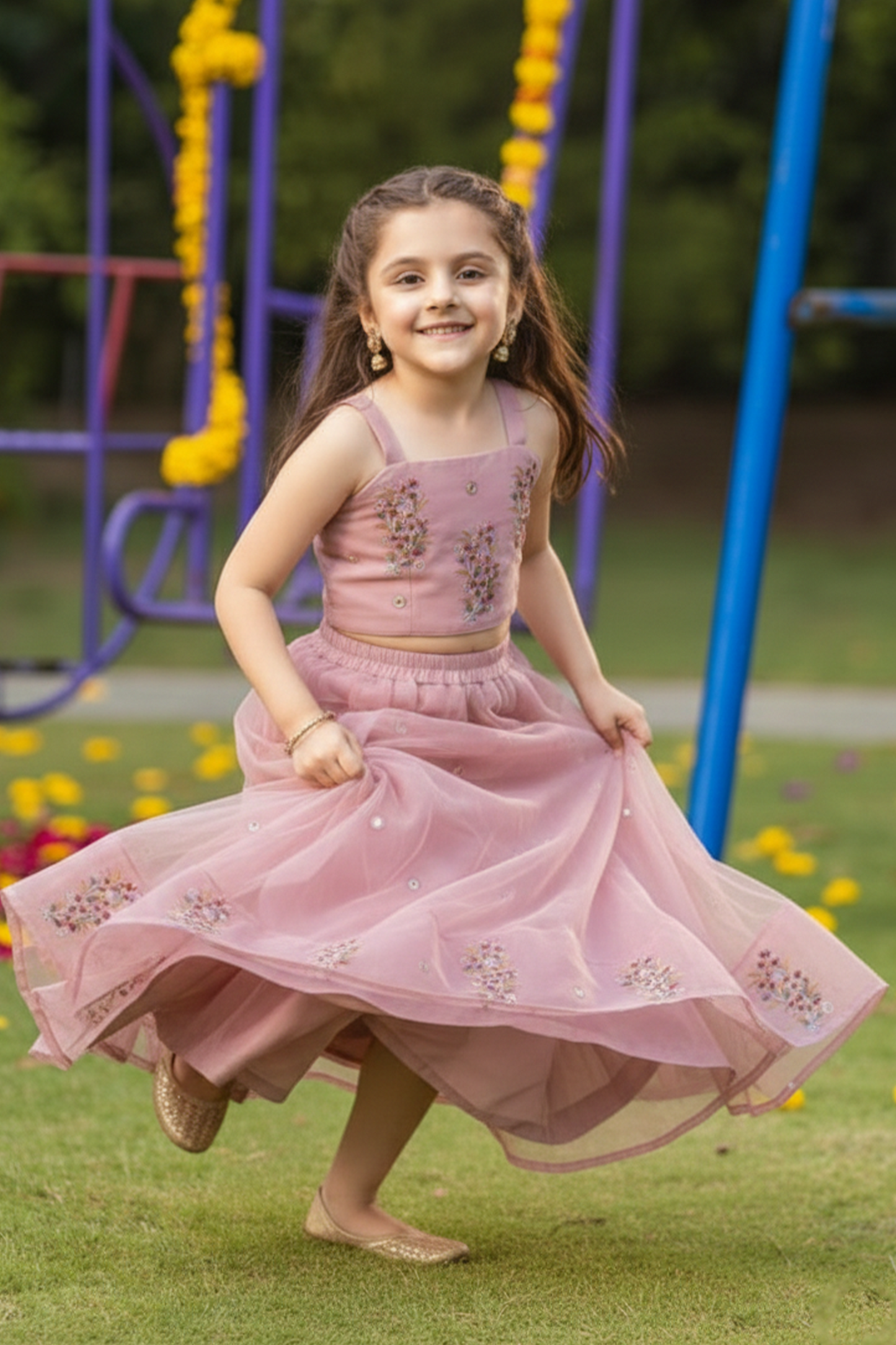 Flower brooch embroidered lehenga set