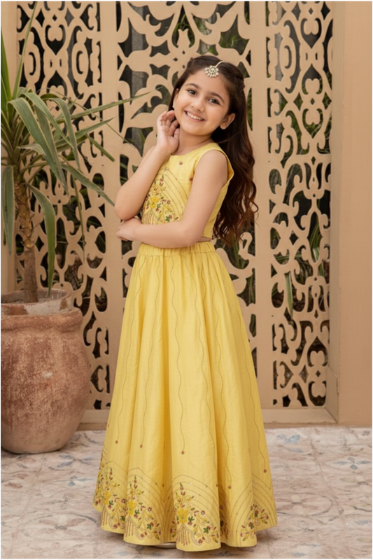 Yellow crest embroidered lehenga set