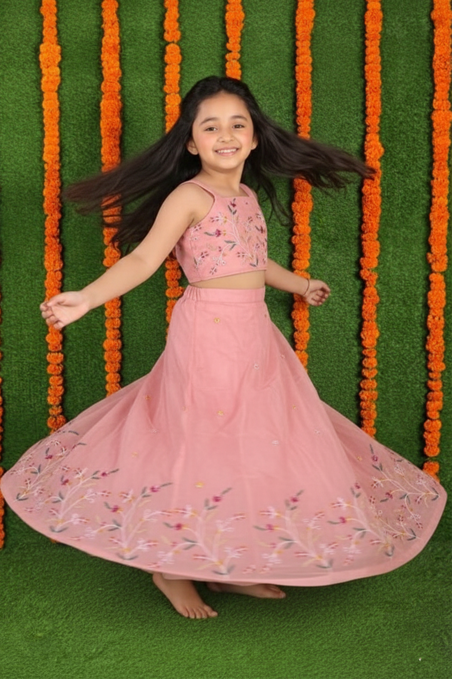 Peach flowers embroidered lehenga set