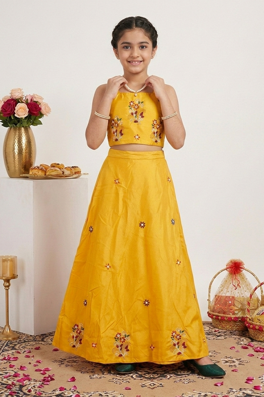 Yellow designer embroidered lehenga set