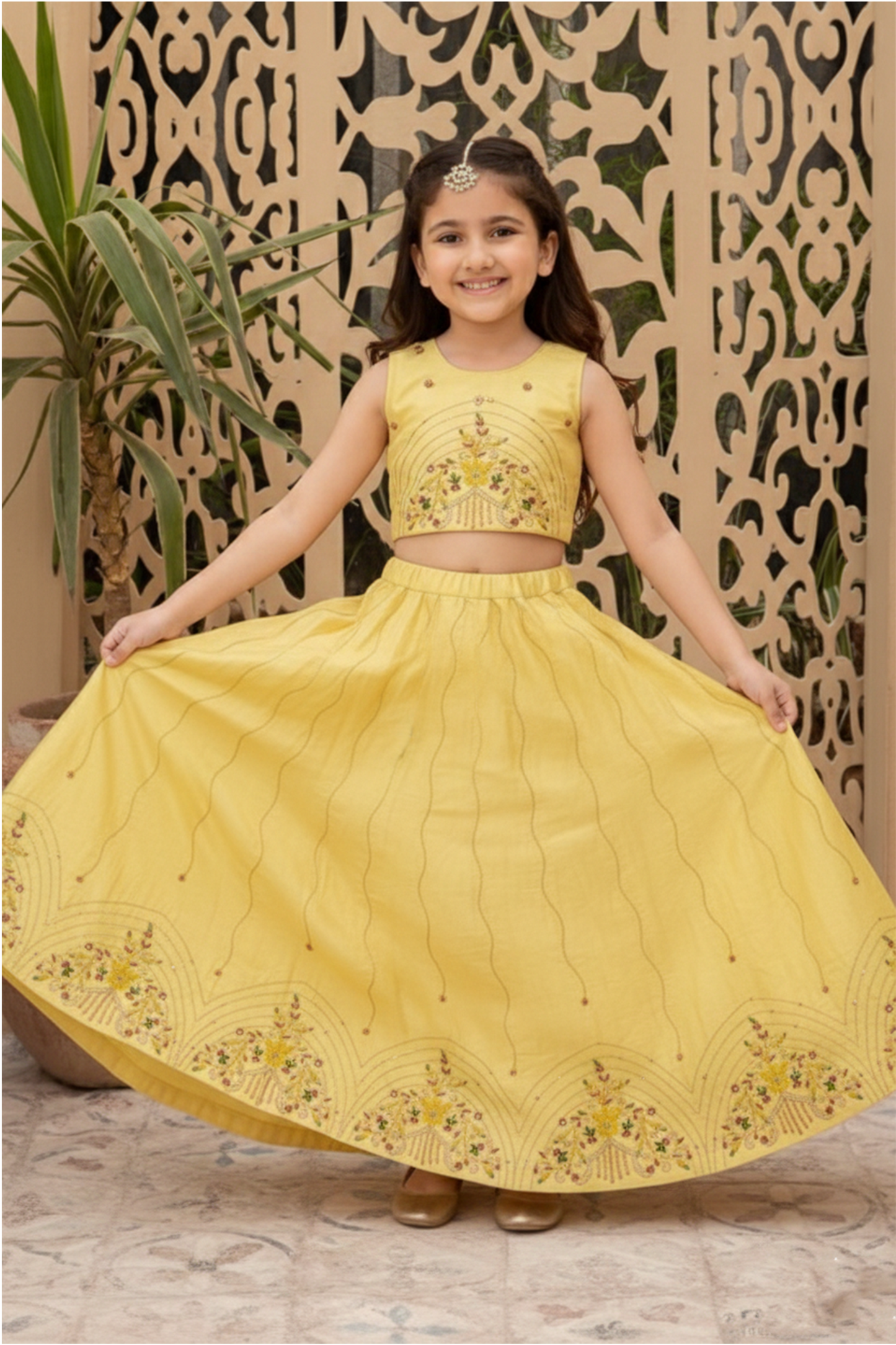 Yellow crest embroidered lehenga set