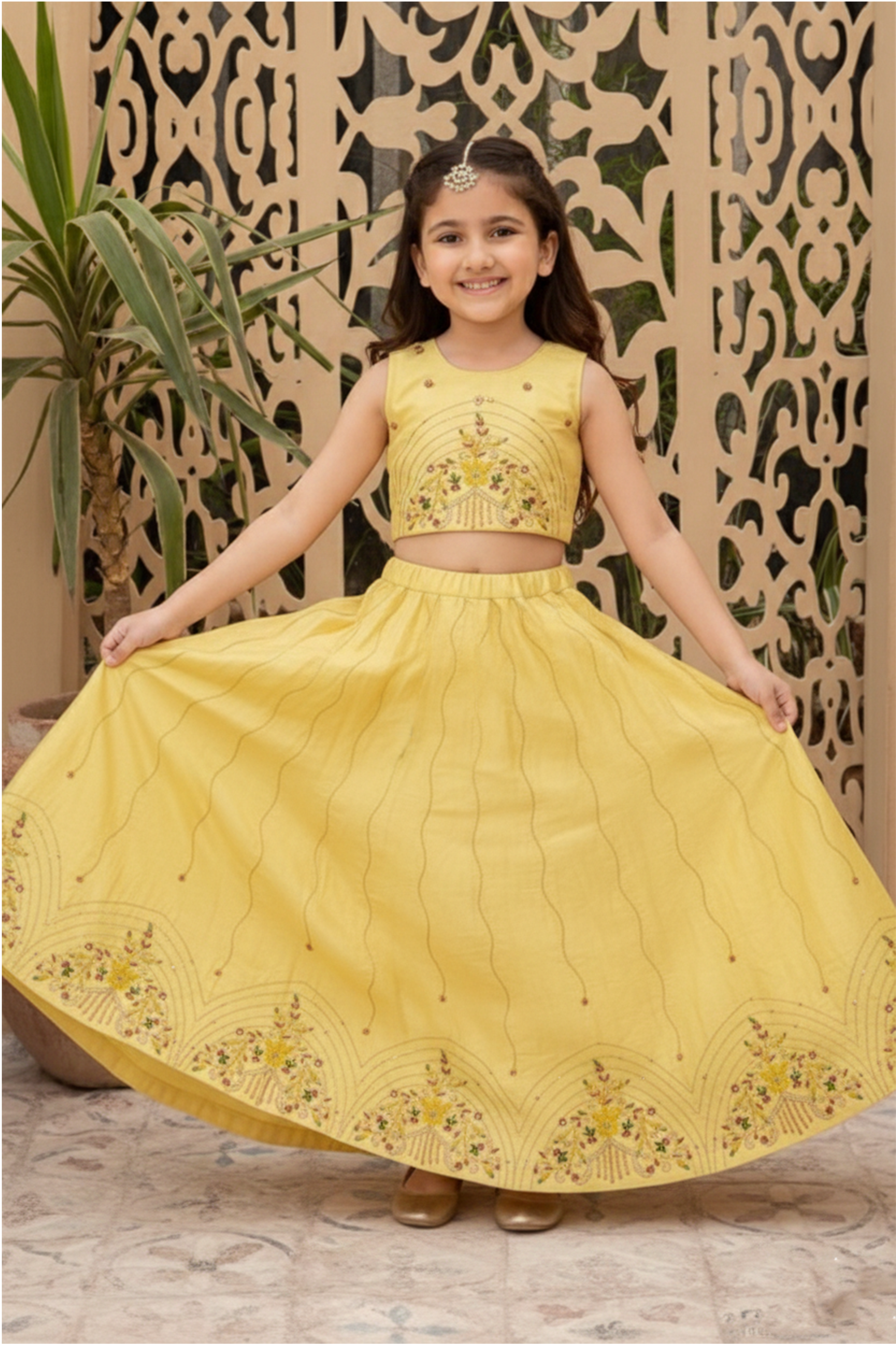 Yellow crest embroidered lehenga set