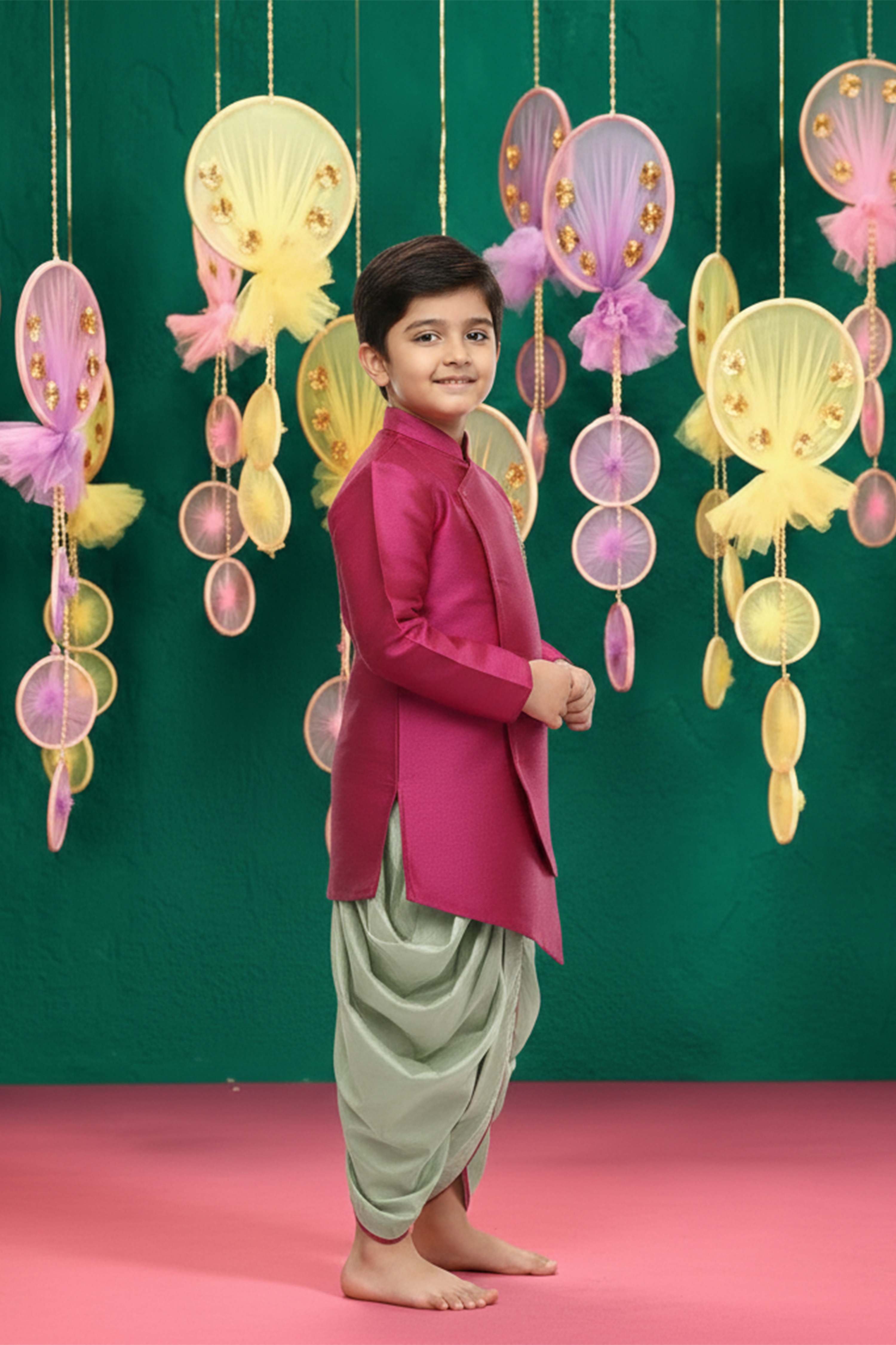 Magenta asymmetric kurta and dhoti
