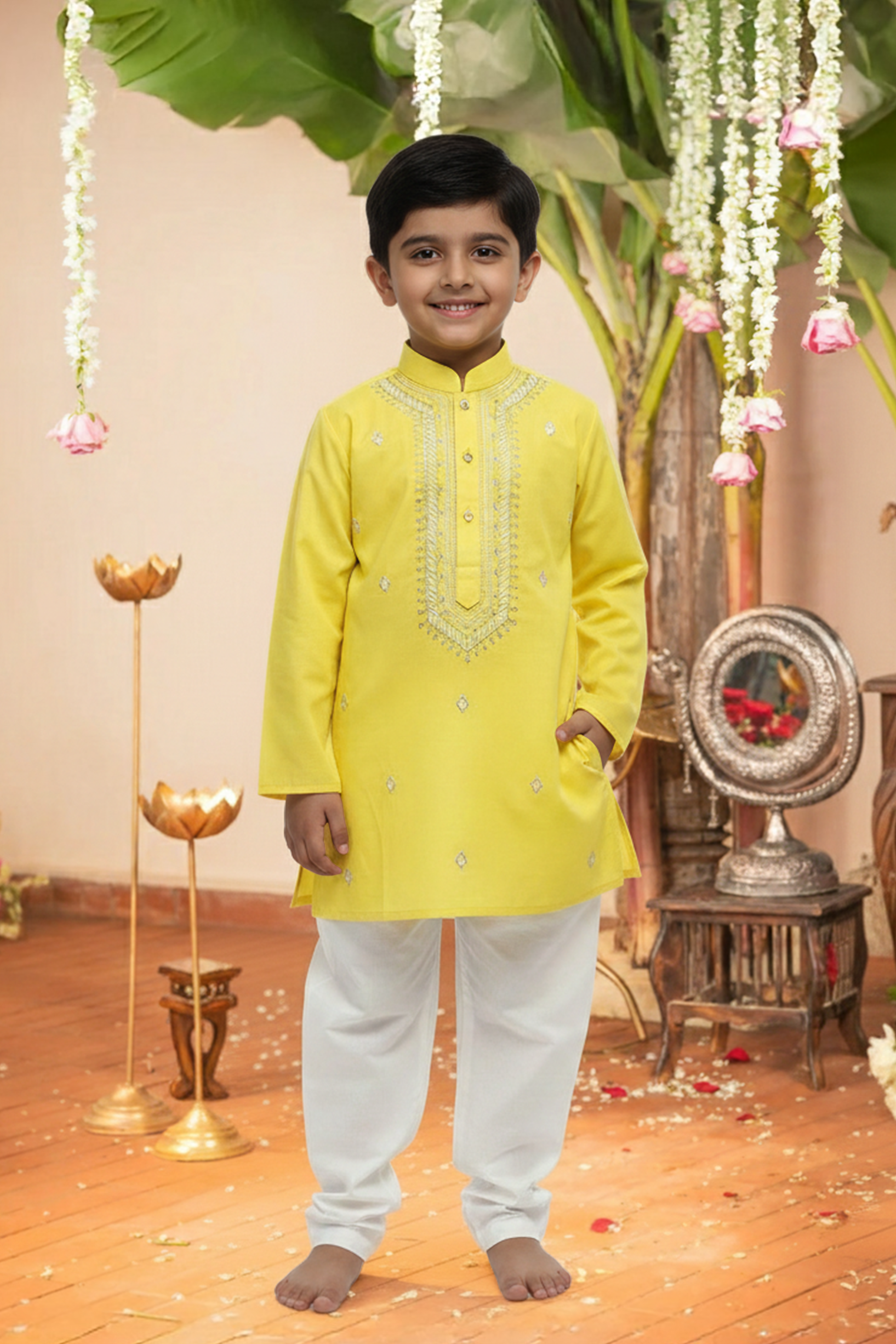 Yellow embroidered kurta and churidar