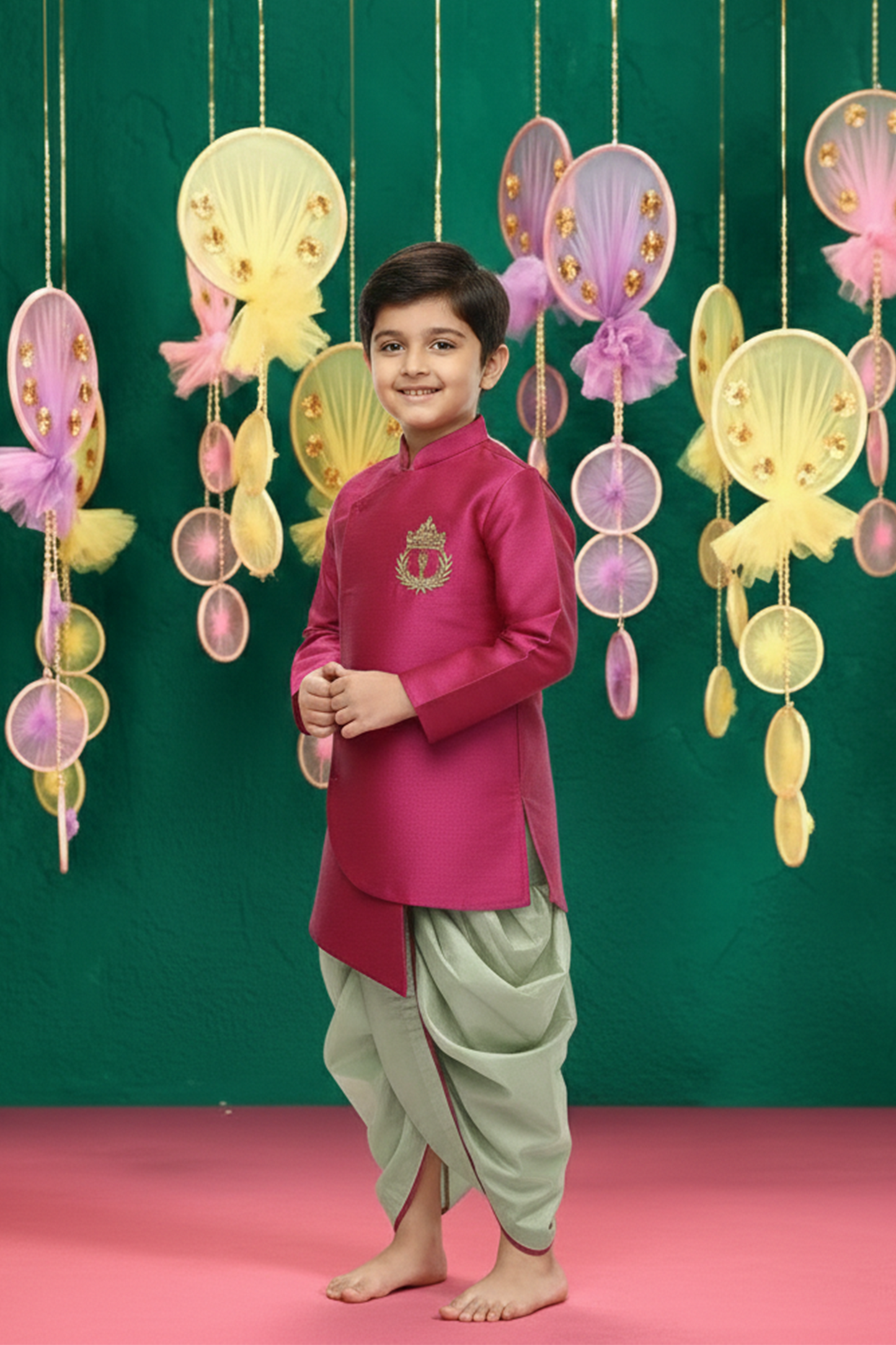 Magenta asymmetric kurta and dhoti