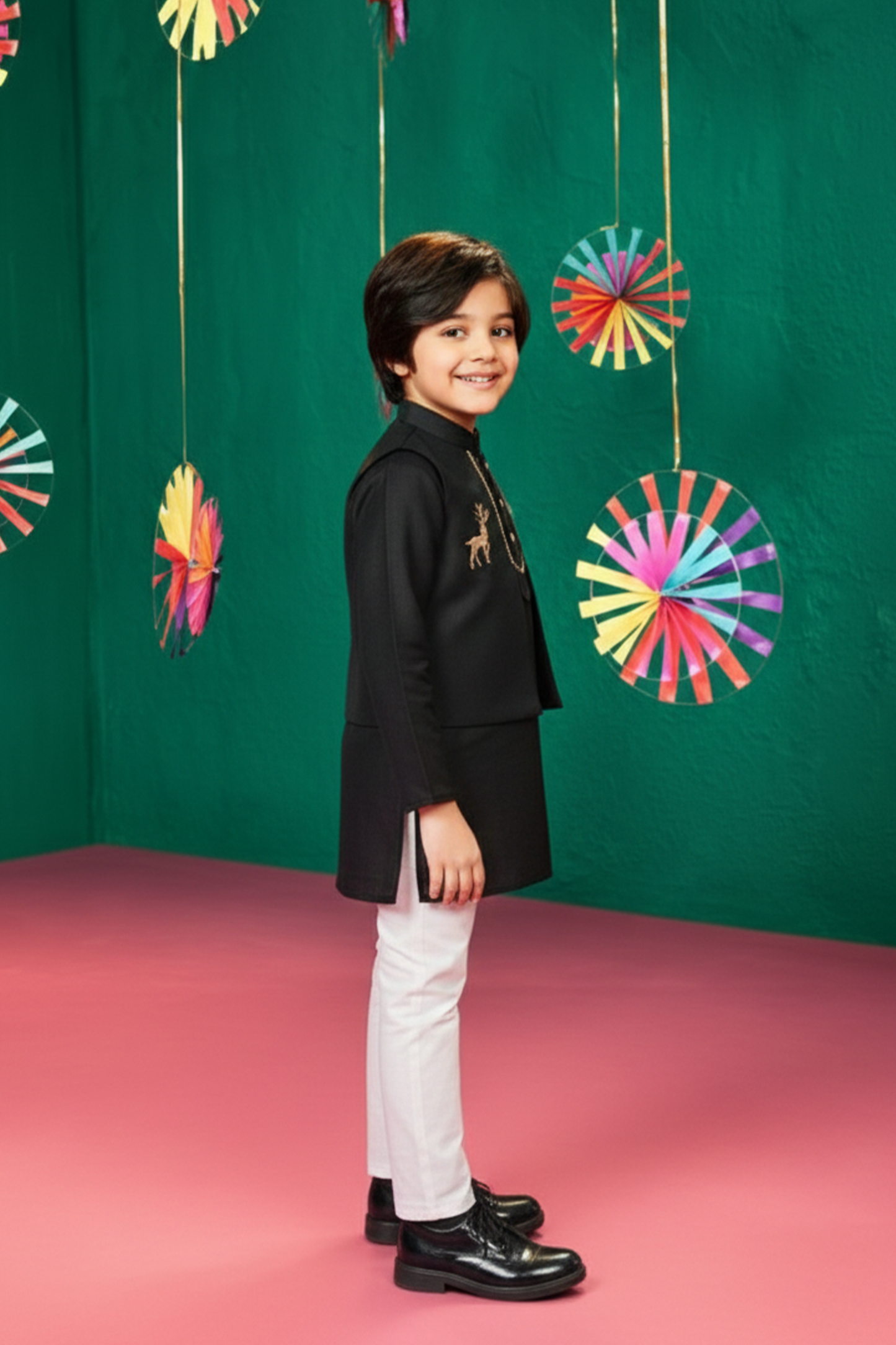 Deer embroidered kurta with jacket and pyjama