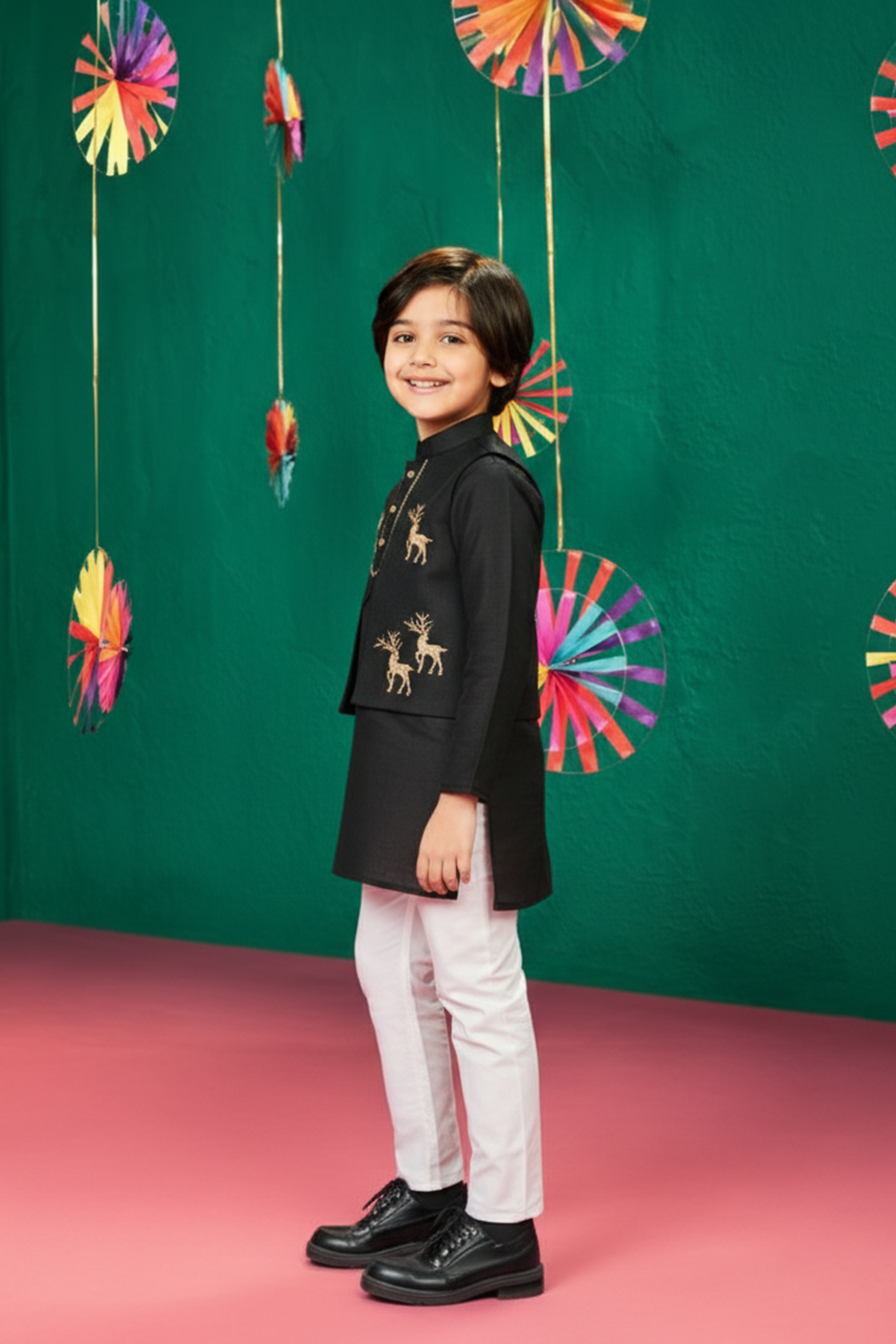 Deer embroidered kurta with jacket and pyjama