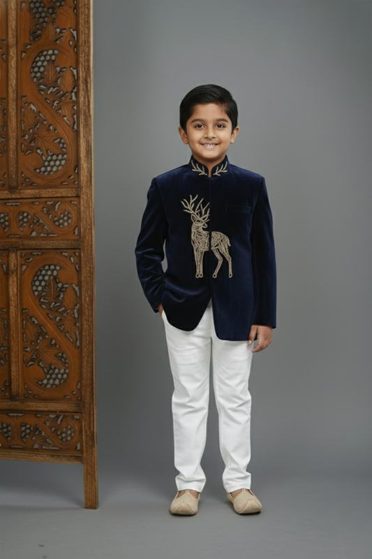 Goose embroidered velvet sherwani and pyjamas