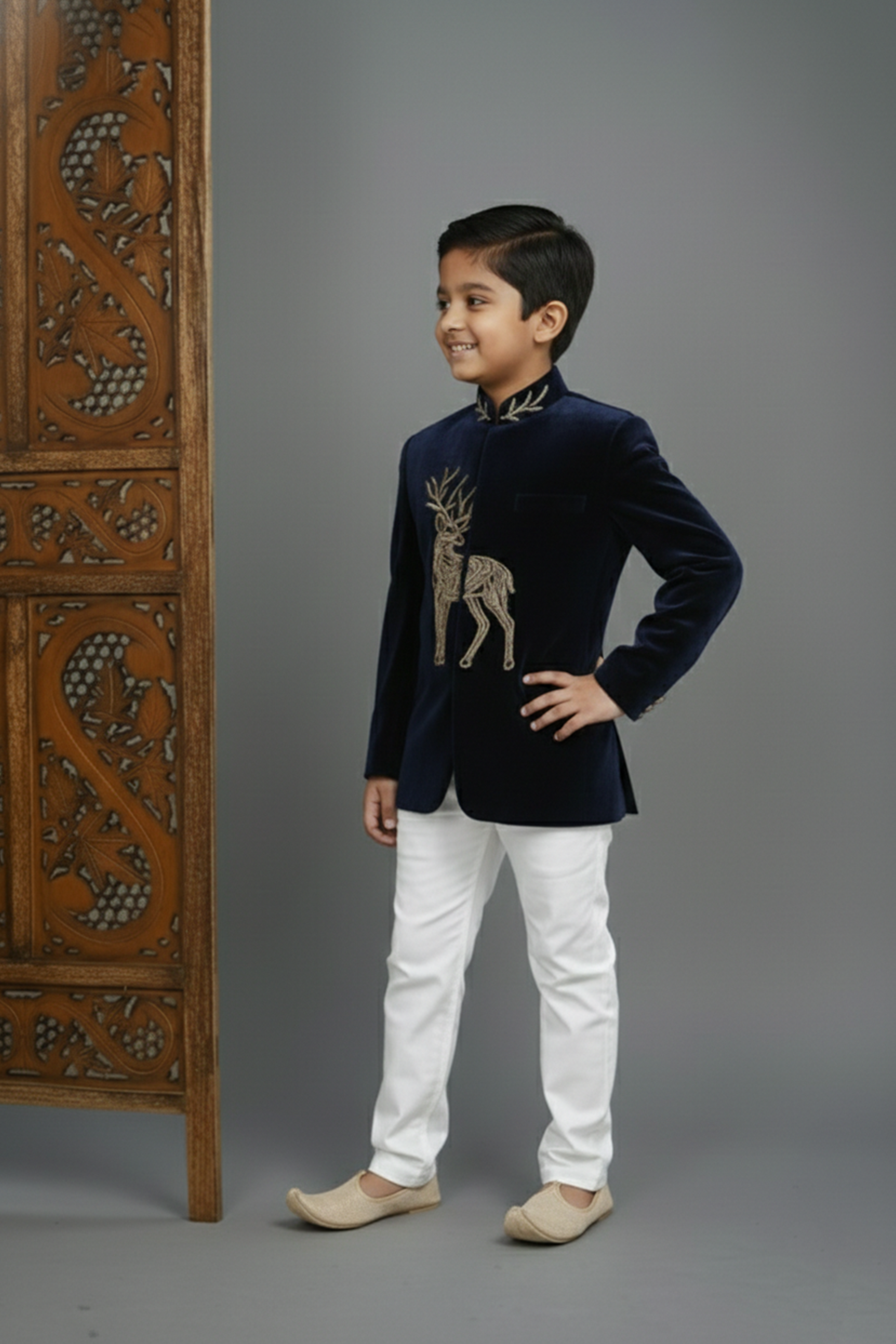 Goose embroidered velvet sherwani and pyjamas
