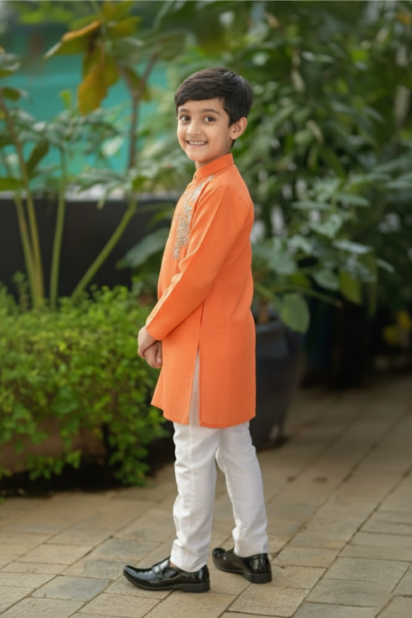 Orange faux Mirror work kurta with pyjama