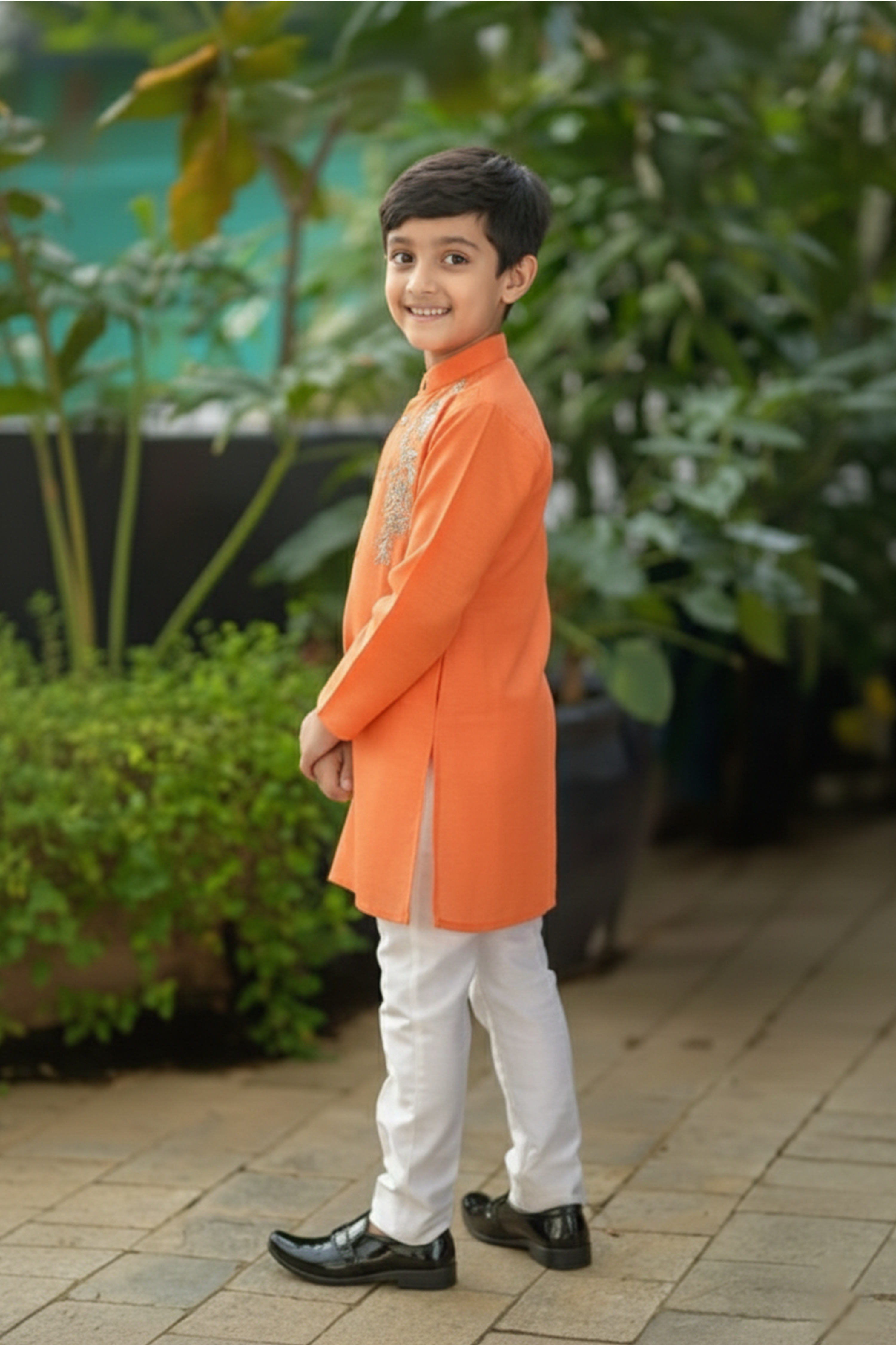 Orange faux Mirror work kurta with pyjama