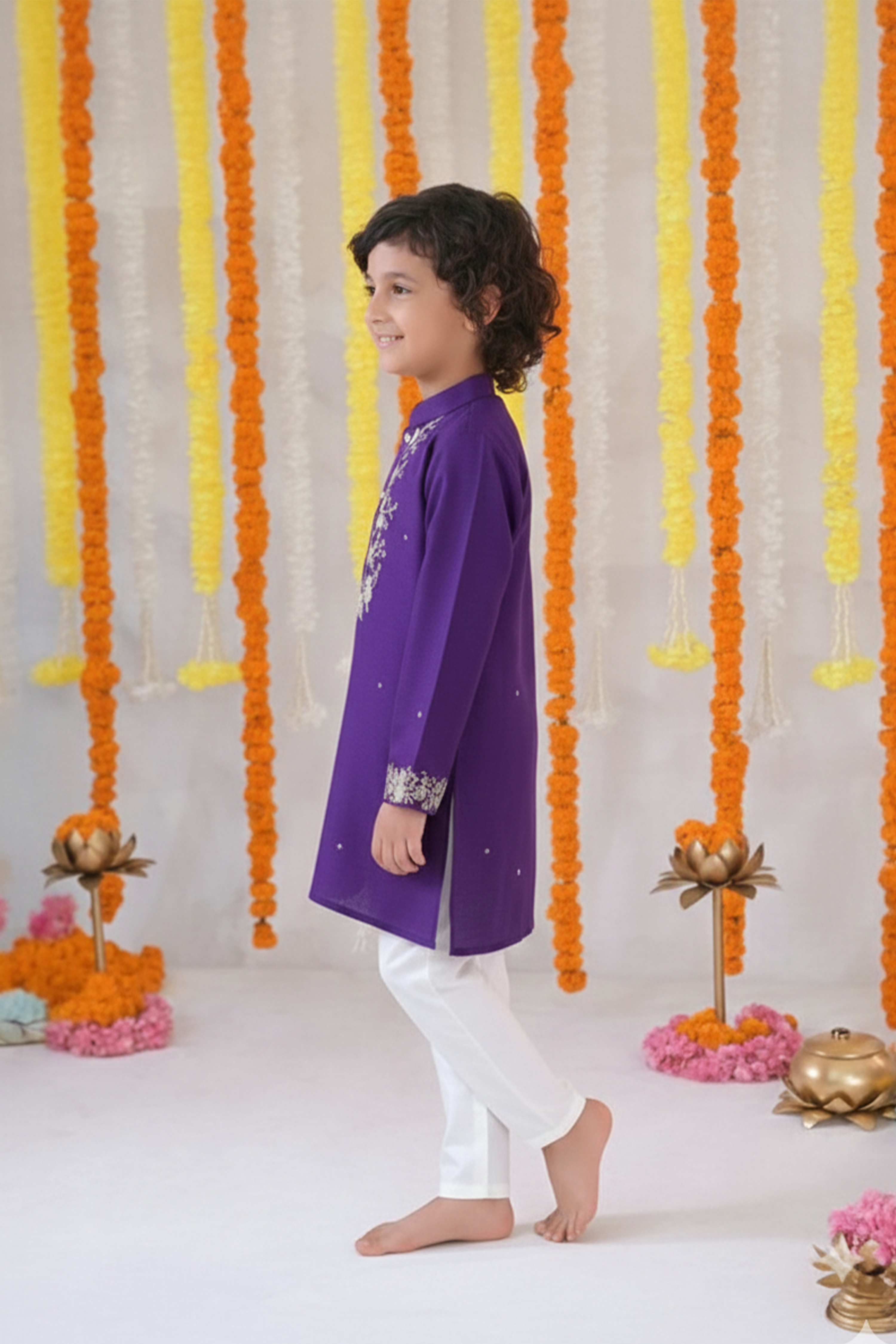 Purple faux mirror work kurta with pyjama