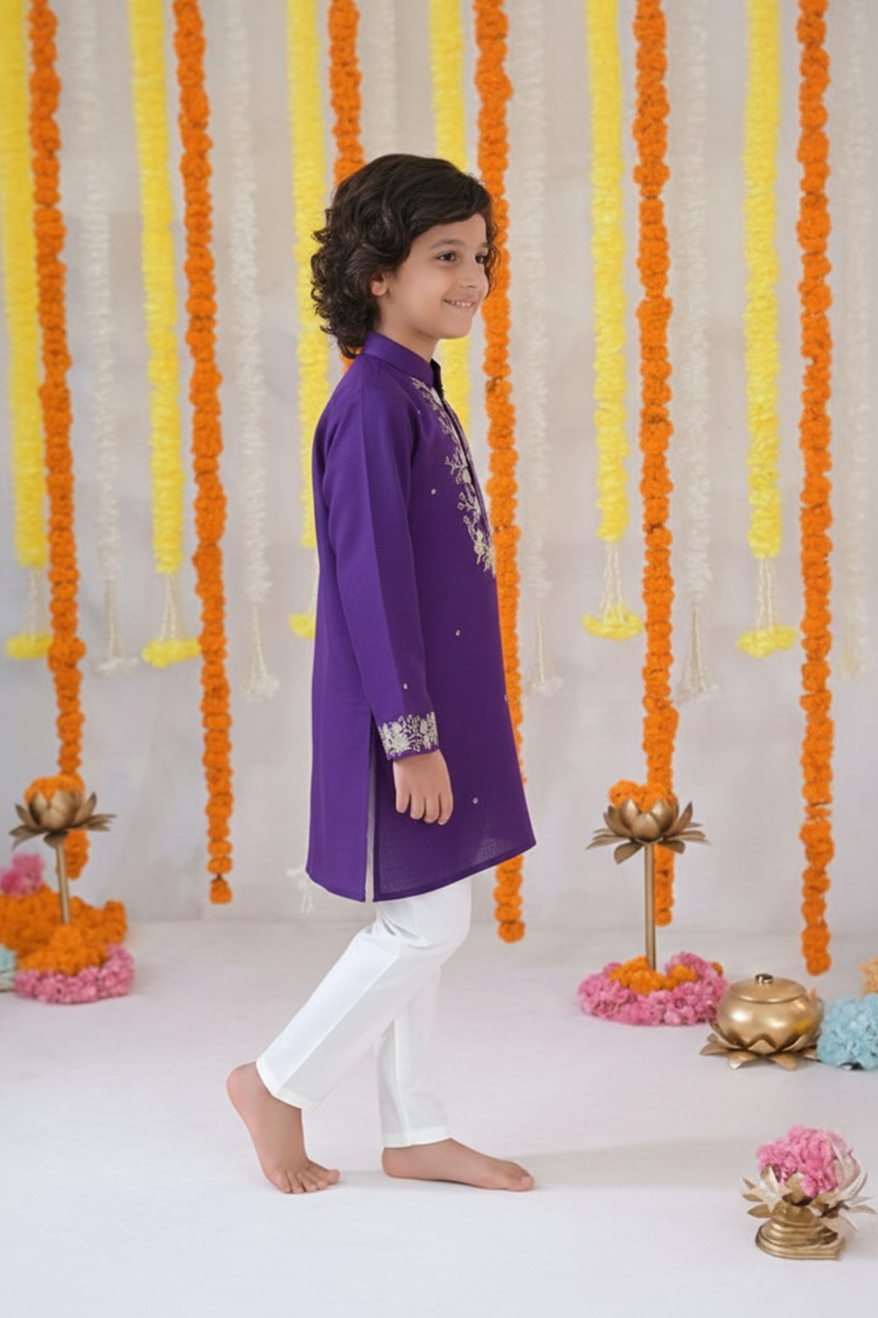 Purple faux mirror work kurta with pyjama