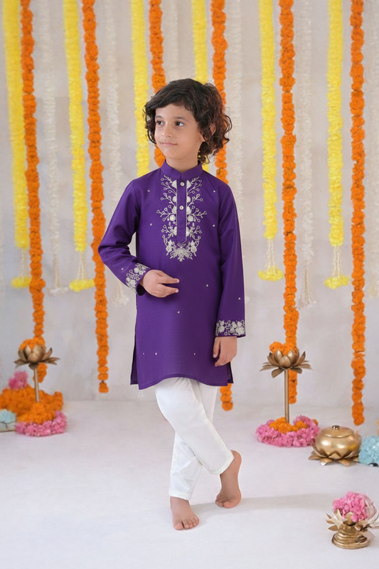 Purple faux mirror work kurta with pyjama