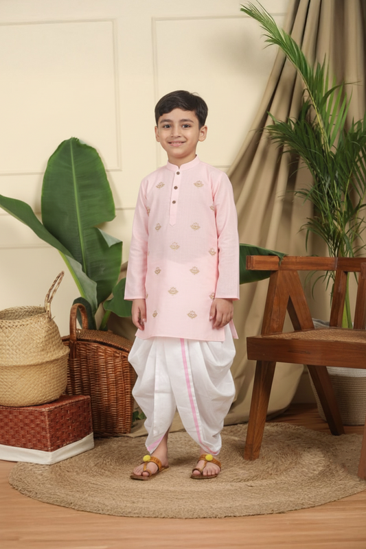 Lotus patched embroidered pink kurta and dhoti