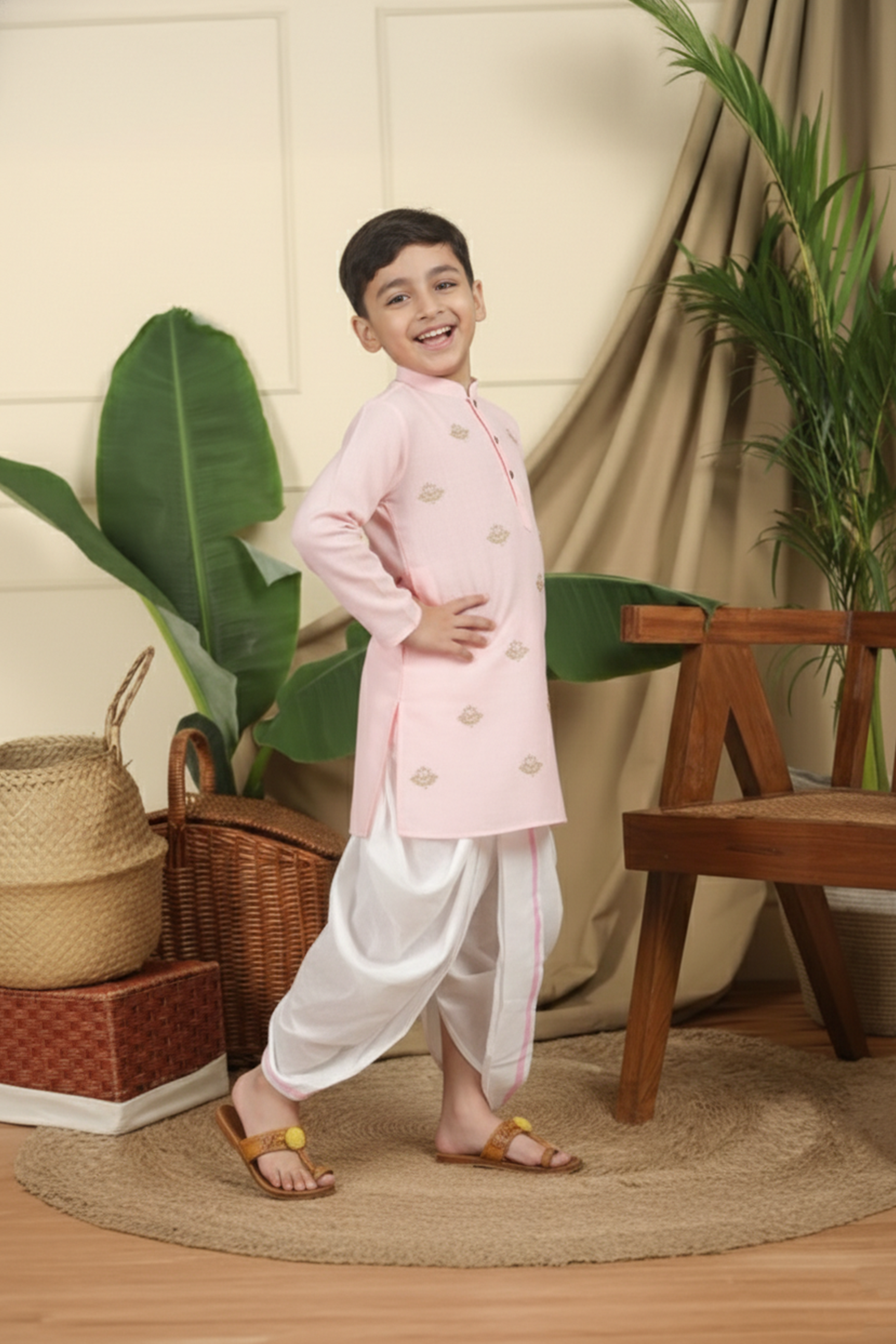 Lotus patched embroidered pink kurta and dhoti