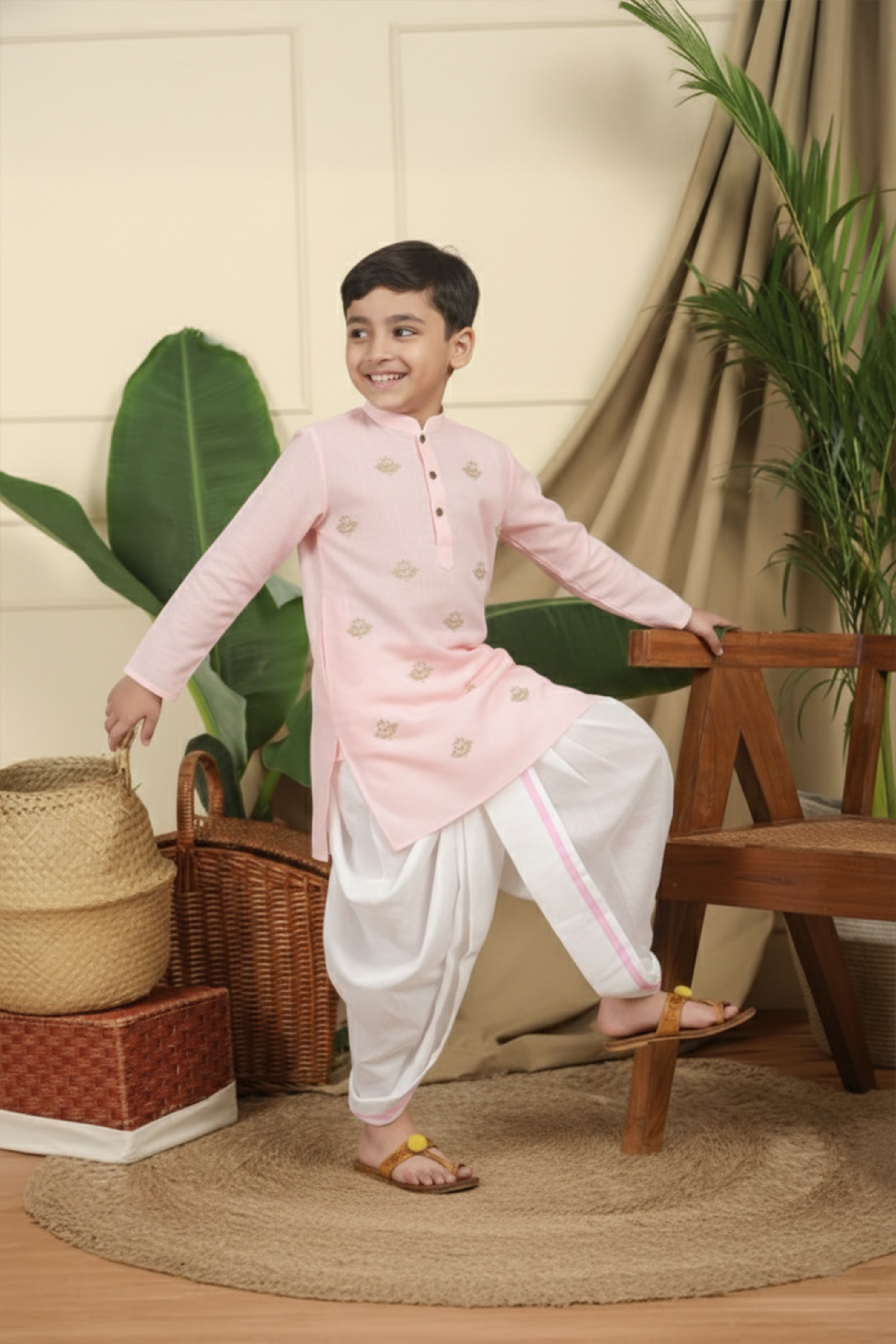 Lotus patched embroidered pink kurta and dhoti