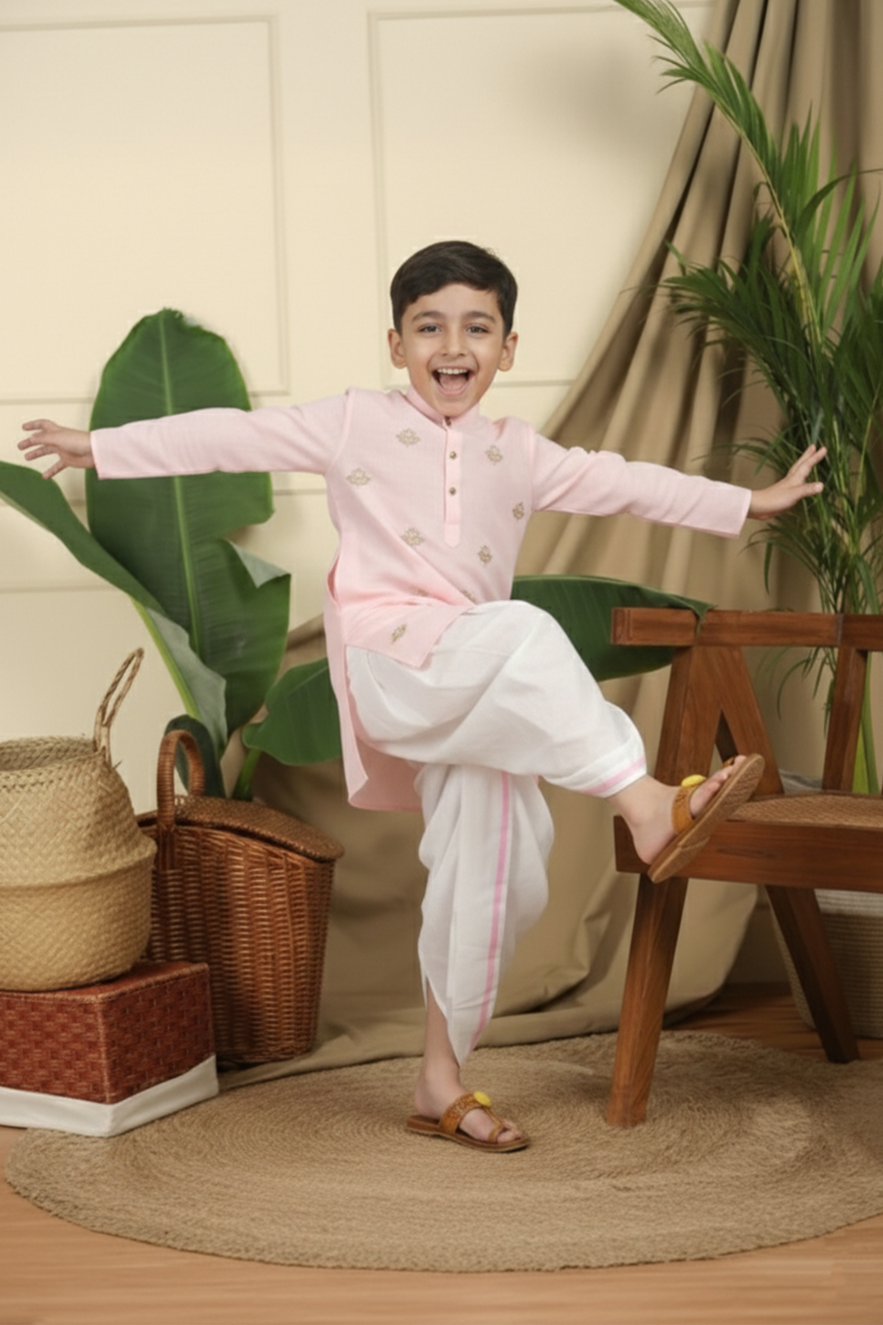Lotus patched embroidered pink kurta and dhoti