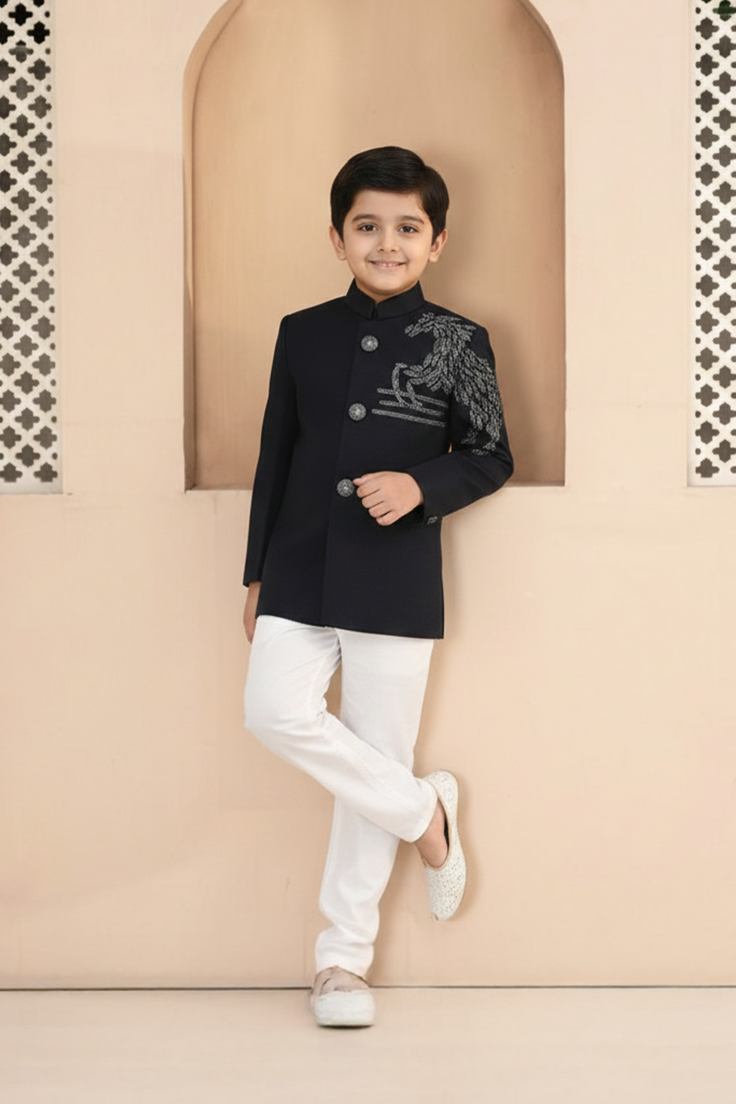 Equestrian horse embroidered velvet sherwani with pyjama