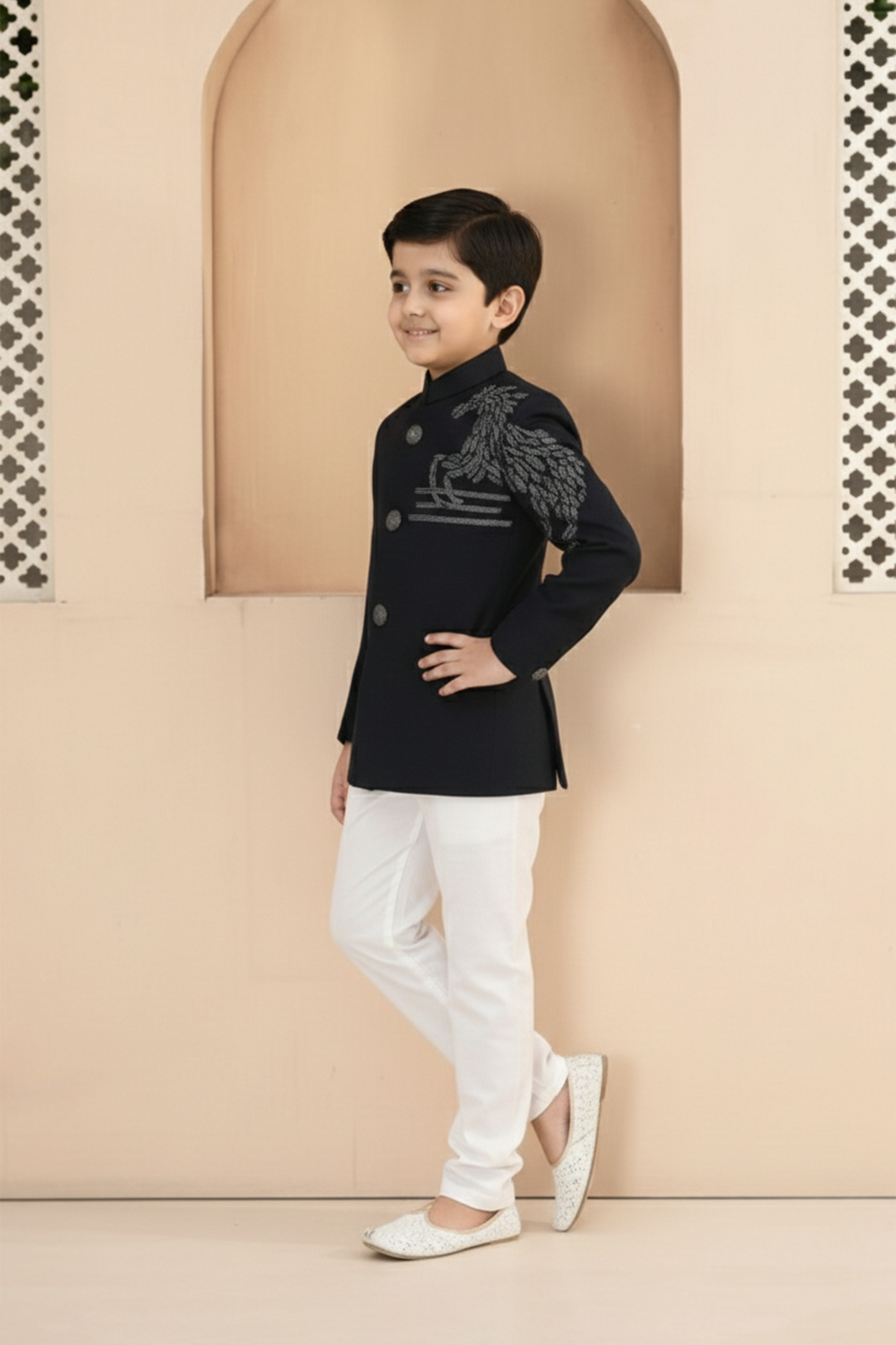 Equestrian horse embroidered velvet sherwani with pyjama