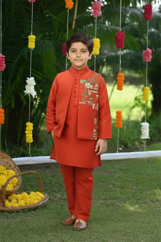 Red kurta embroidered front open jacket and pyjama