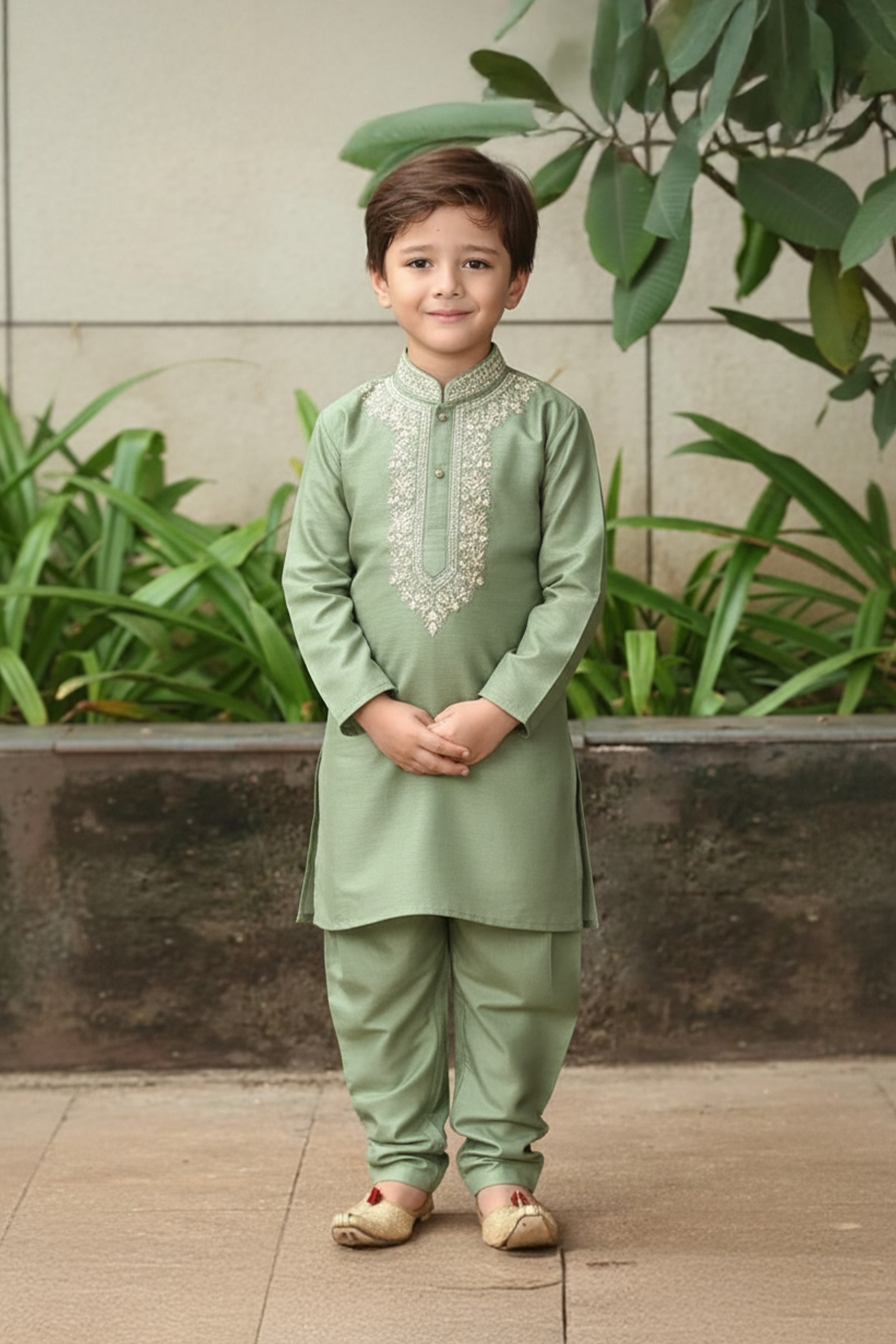 Green embroidered silk kurta with matching silk pyjama